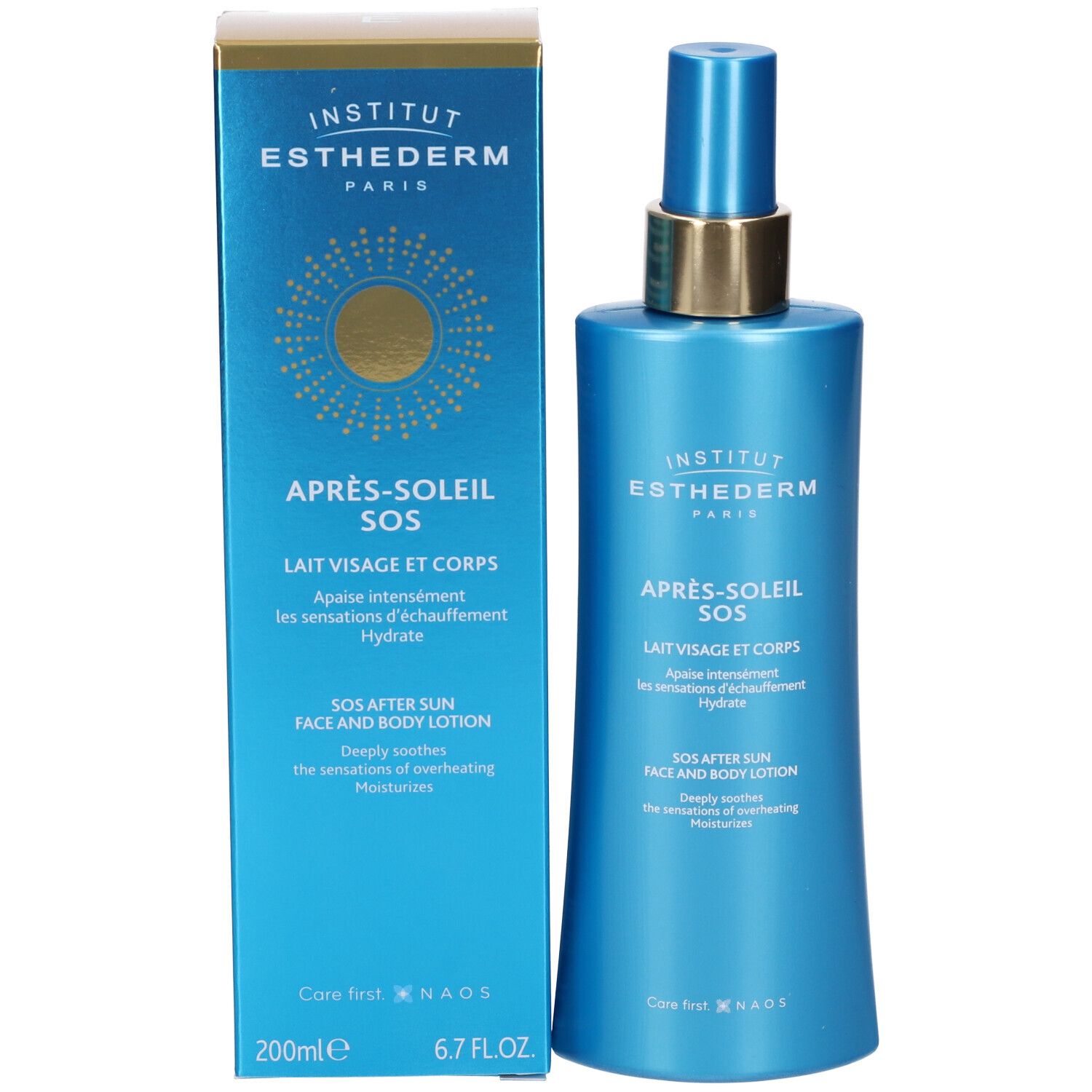 Prodotto e confezione. Flacone e scatola blu. Scritta: Après-soleil SOS, Lait Visage et Corps. Marchio: Institut Esthederm Paris.