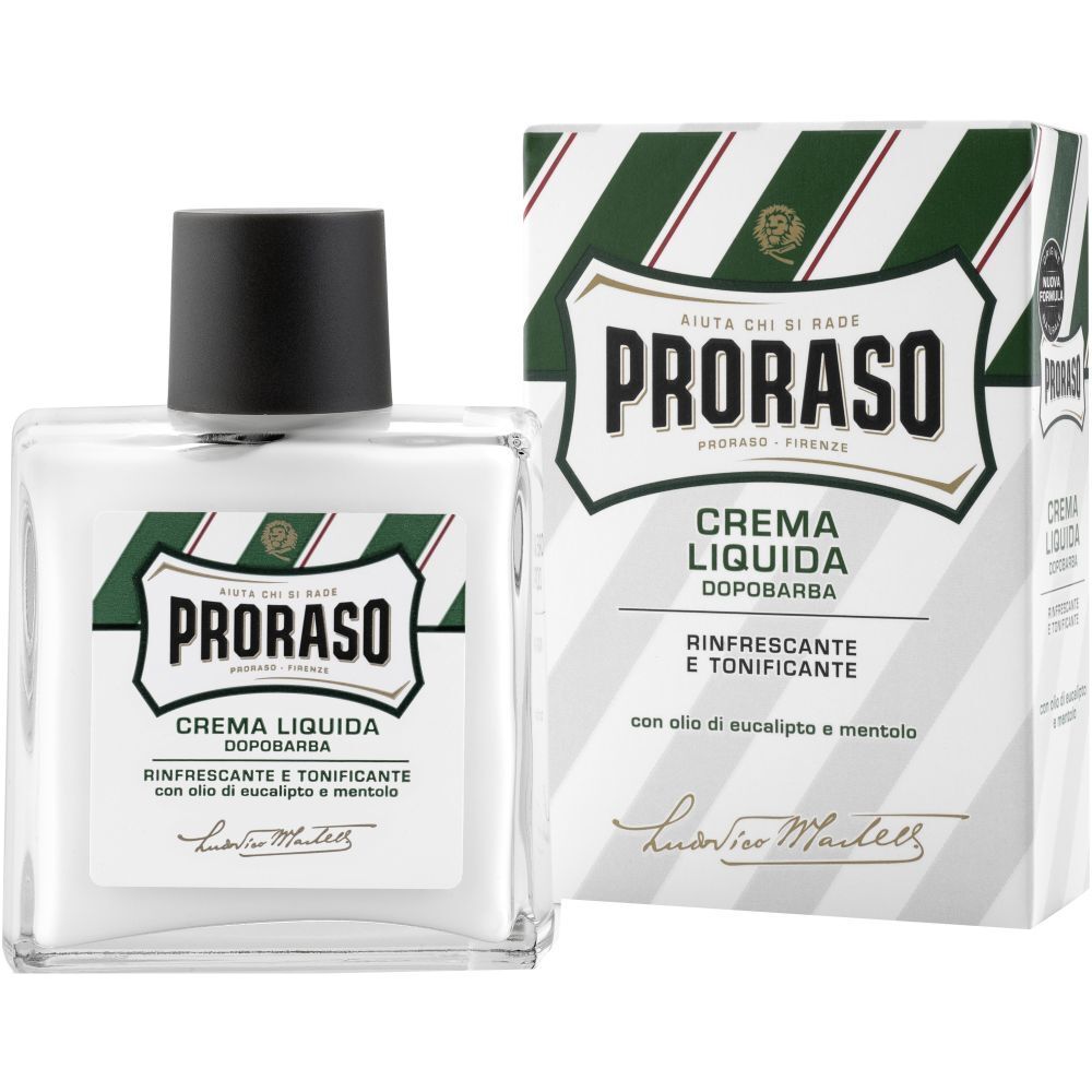 Eine Flasche und eine Schachtel mit dem Produkt Proraso After Shave Balsam. Auf der Flasche steht "CREMA LIQUIDA DOPOBARBA".