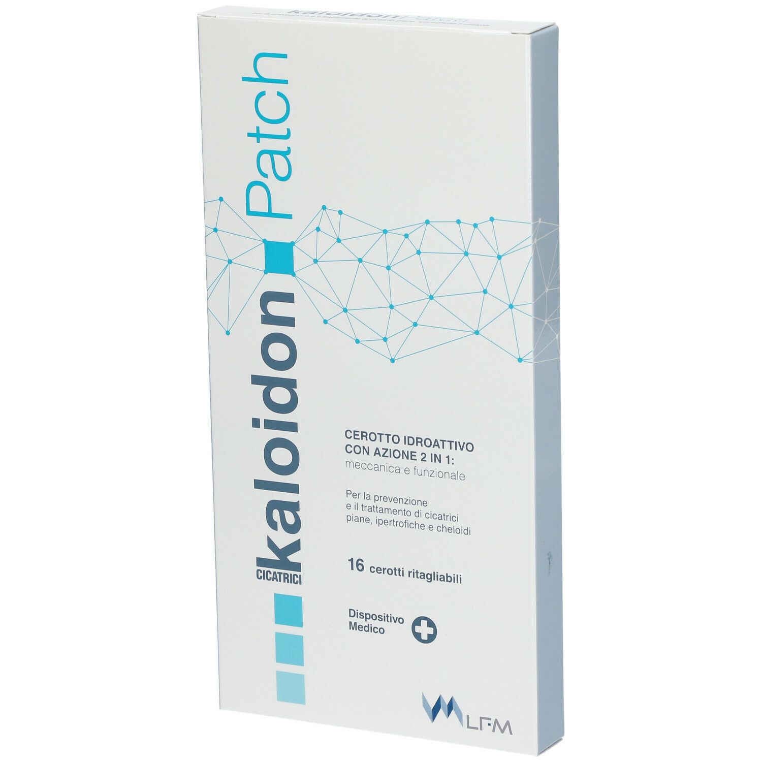 Confezione di LFM KALOIDON® Patch. Scritta: KALOIDON Patch, 16 cerotti ritagliabili, dispositivo medico.
