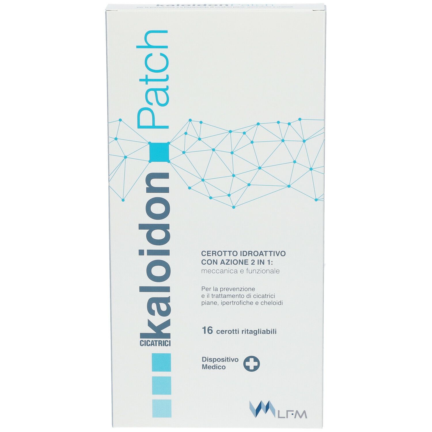 Confezione di LFM KALOIDON® Patch. Scritta: KALOIDON Patch, 16 cerotti ritagliabili, dispositivo medico.