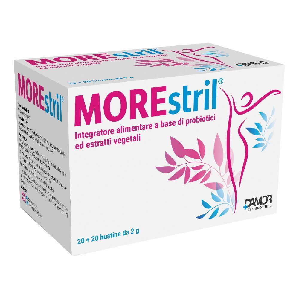Confezione di MOREstril®. Scatola bianca con nome del prodotto e illustrazione. Contiene 20+20 bustine.