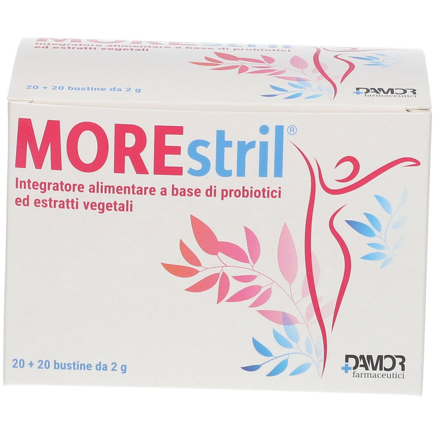 Confezione di MOREstril®. Scatola bianca con nome del prodotto e illustrazione. Contiene 20+20 bustine.