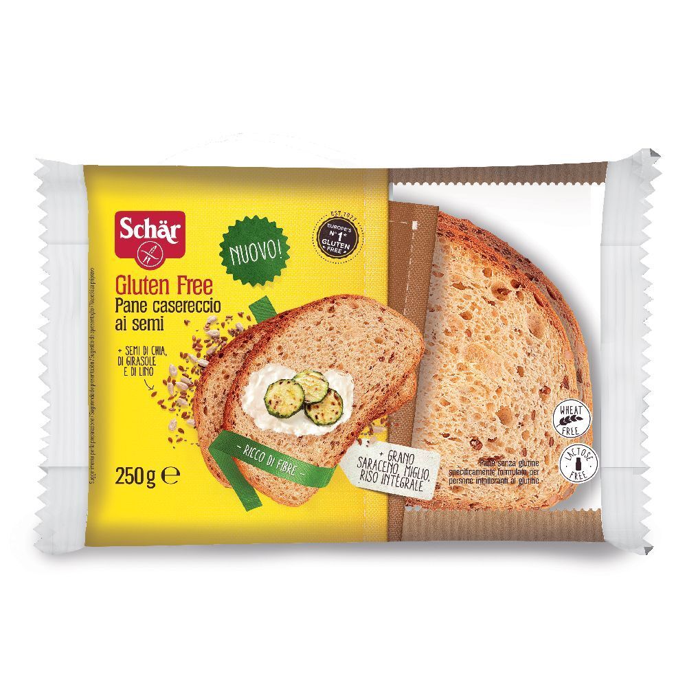 Confezione di pane senza glutine. Due fette di pane con condimento. Confezione gialla con nome e logo del prodotto.