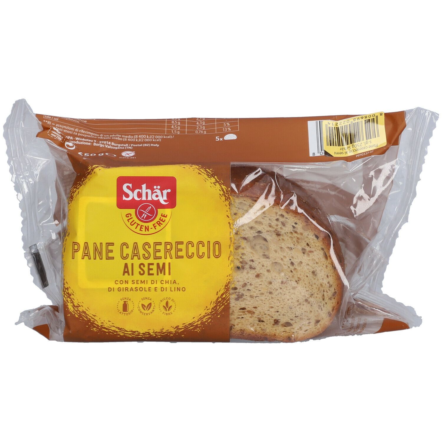 Confezione di pane senza glutine. Fetta di pane visibile. Confezione gialla con nome e logo del prodotto.