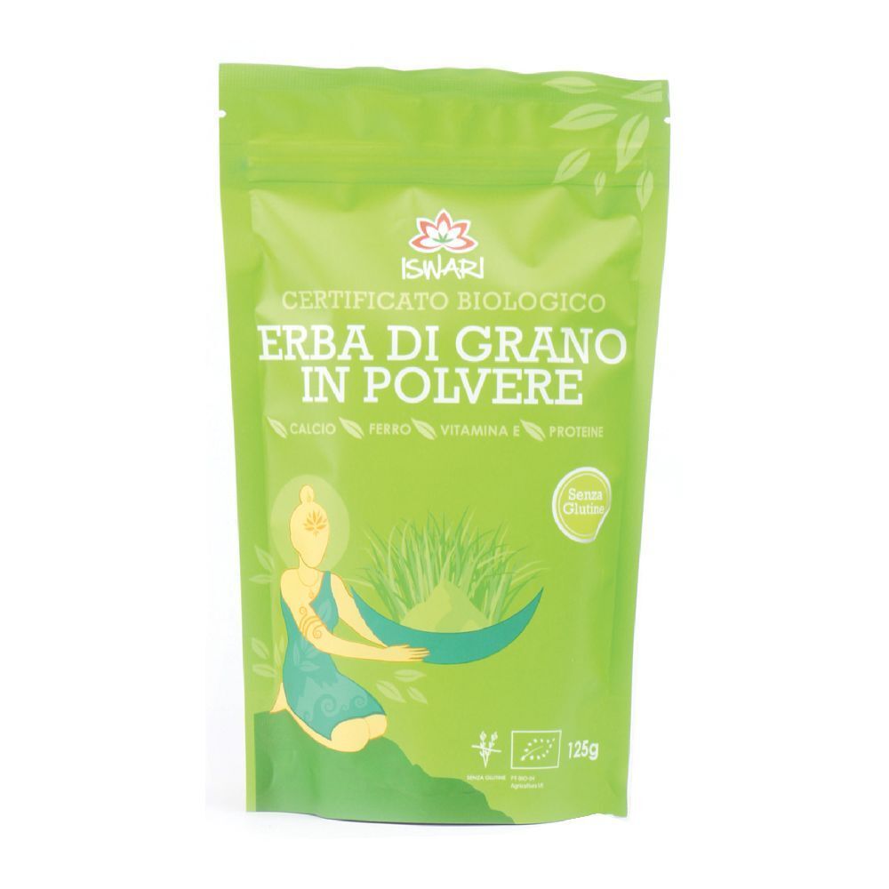 Busta verde con nome del prodotto e logo. Visibili "Erba di Grano Bio In Polvere" e "ISNARI". Certificazione bio e 125g.