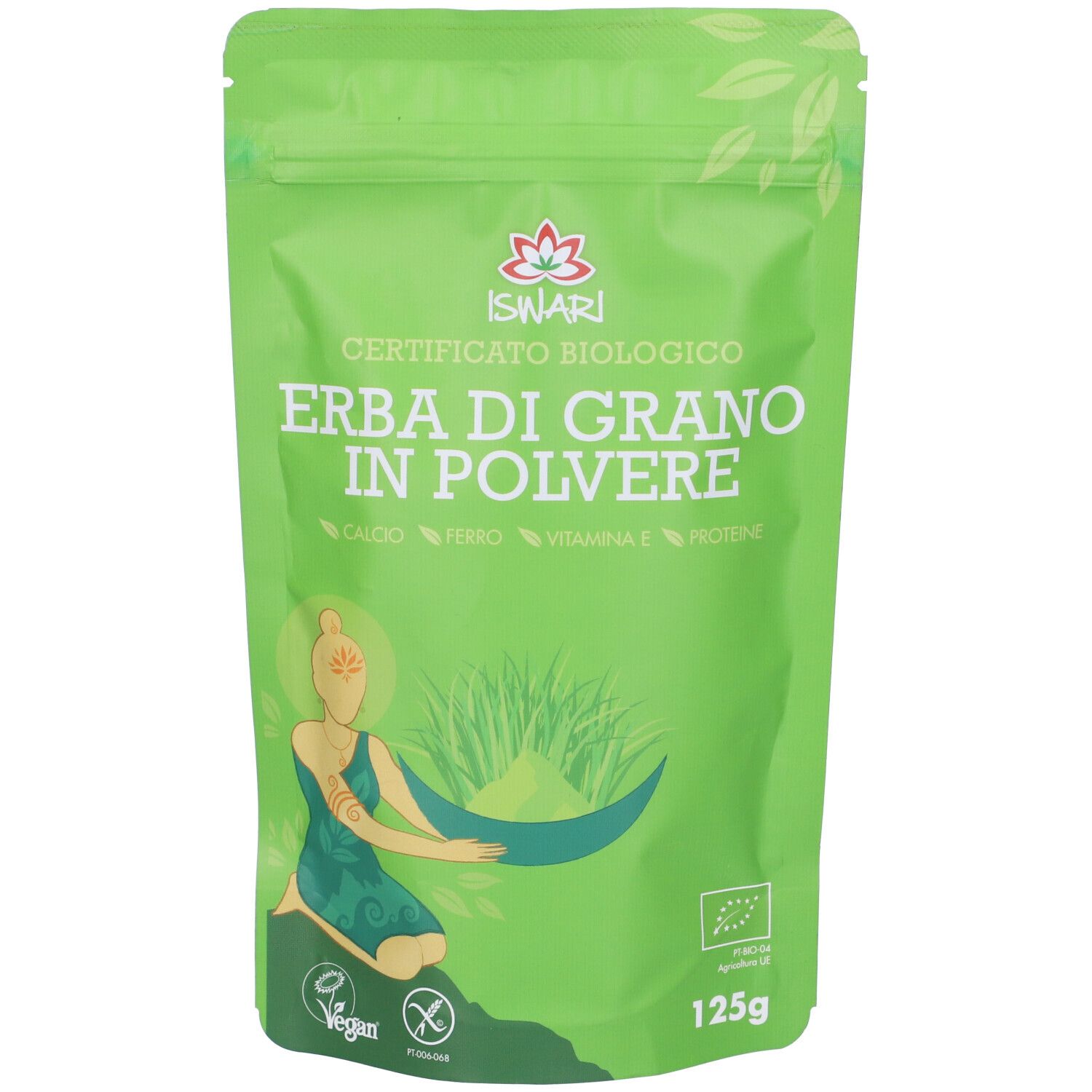 Busta verde con nome del prodotto e logo. Visibili "Erba di Grano Bio In Polvere" e "ISNARI". Certificazione bio e 125g.