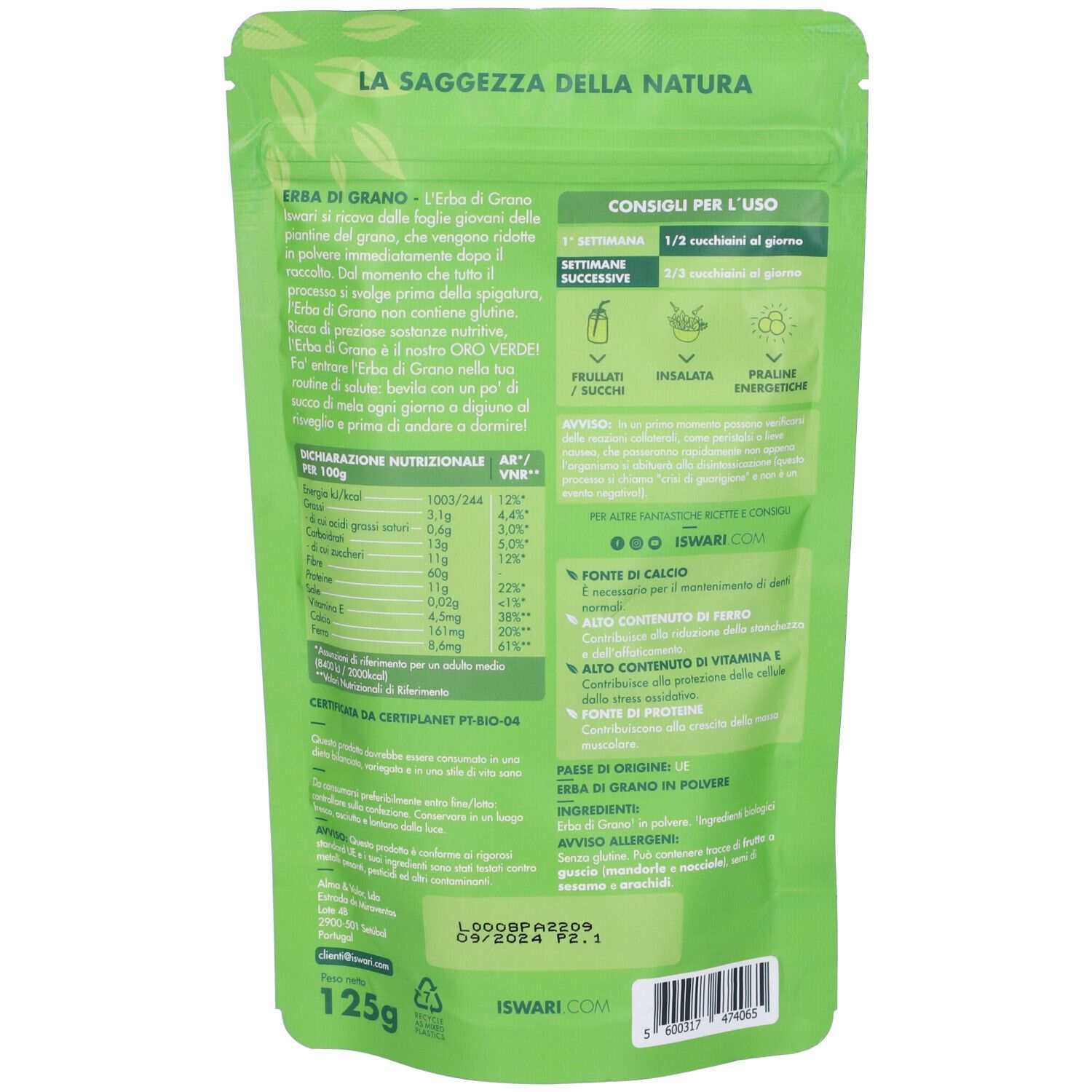 Retro di una busta verde. Testo con informazioni nutrizionali, istruzioni per l'uso e logo. 125g e certificazione bio.