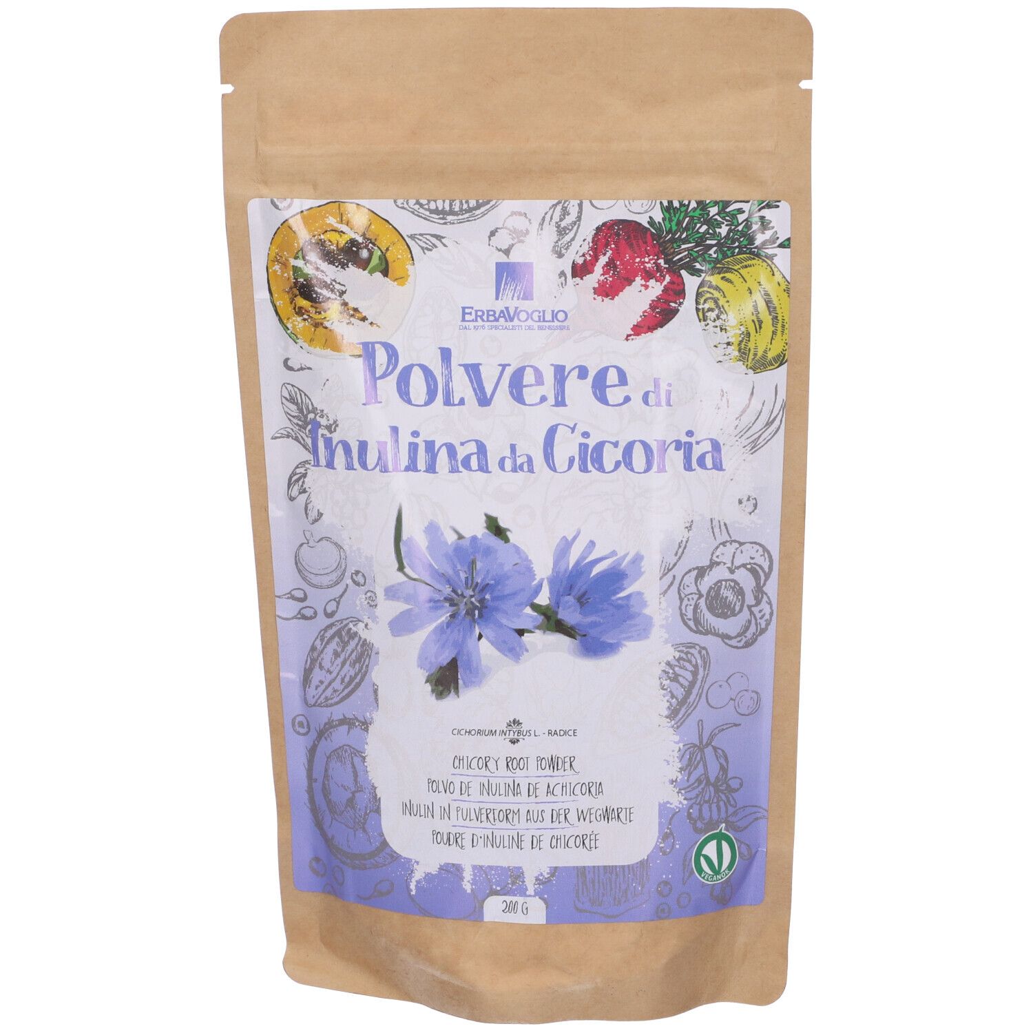 Busta con stampa. Scritta: Polvere di Inulina da Cicoria. Illustrazioni di verdure e fiori. Senza glutine.