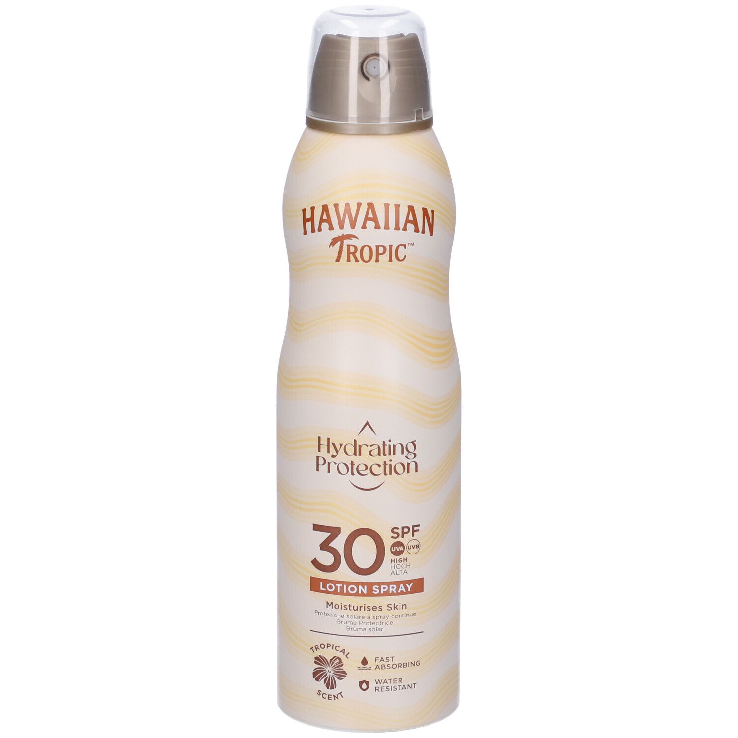 Spray solare Hawaiian Tropic. Flacone bianco-giallo con erogatore. Scritta: Hydrating Protection, SPF 30, Lotion Spray.