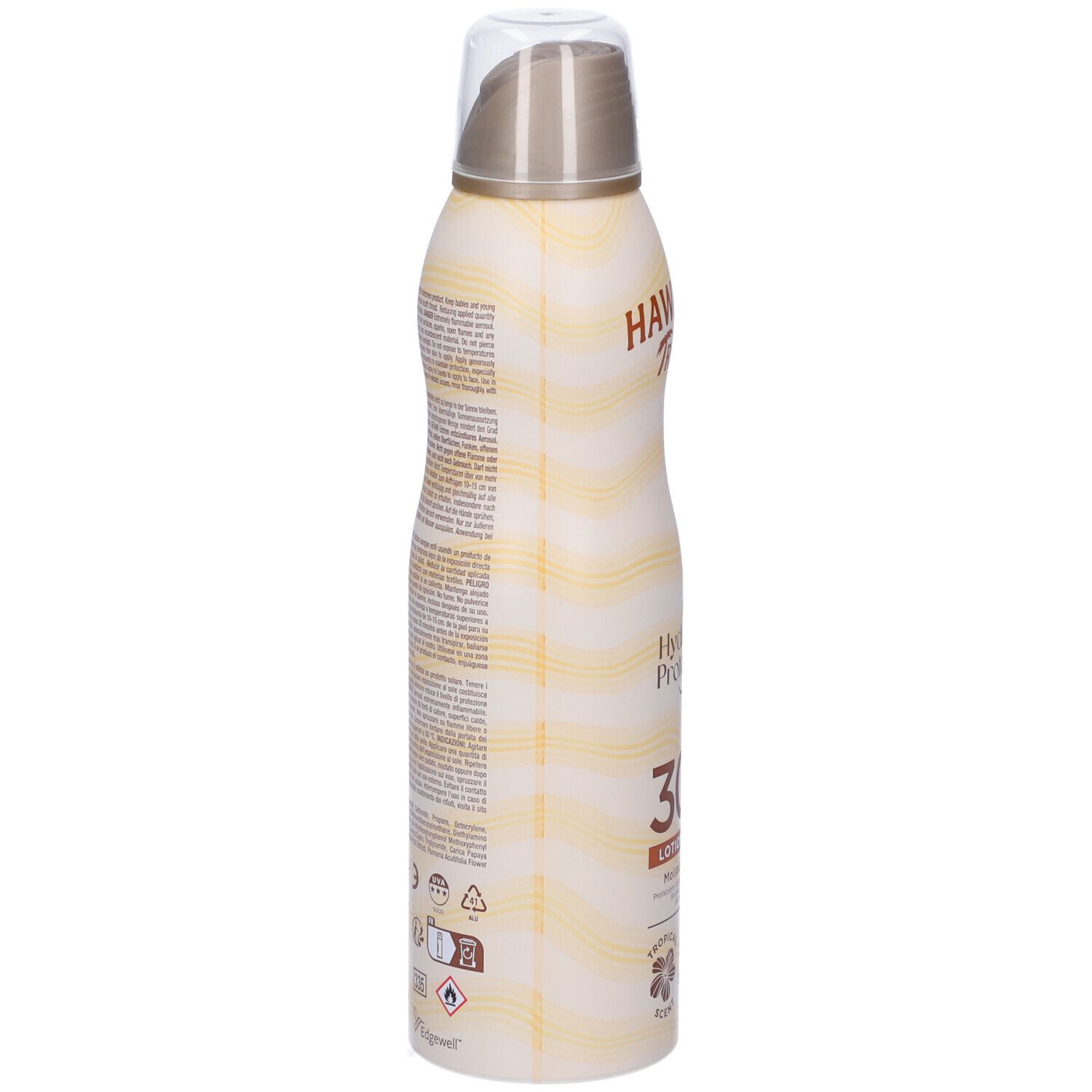 Retro del flacone di spray solare. Testo in più lingue. Motivo a onde. Scritta: 30 SPF, Lotion Spray, Resistente all'acqua.