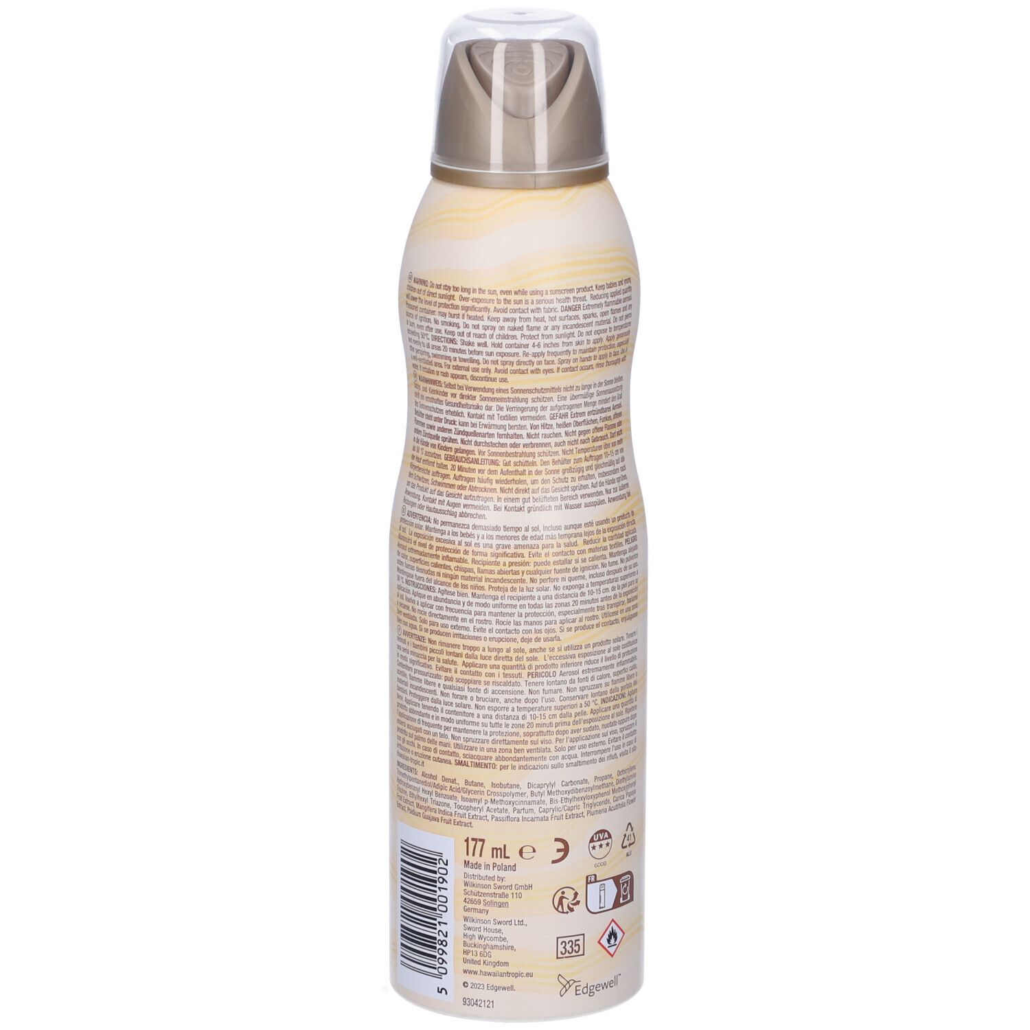 Retro del flacone di spray solare. Testo in più lingue. Motivo a onde. Scritta: 177 ml, 30 SPF, Lotion Spray.