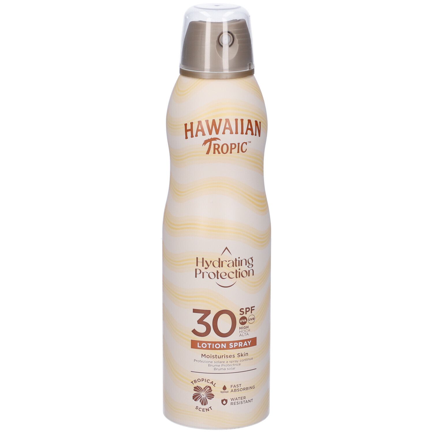 Spray solare Hawaiian Tropic. Flacone bianco-giallo con erogatore. Scritta: Hydrating Protection, SPF 30, Lotion Spray.