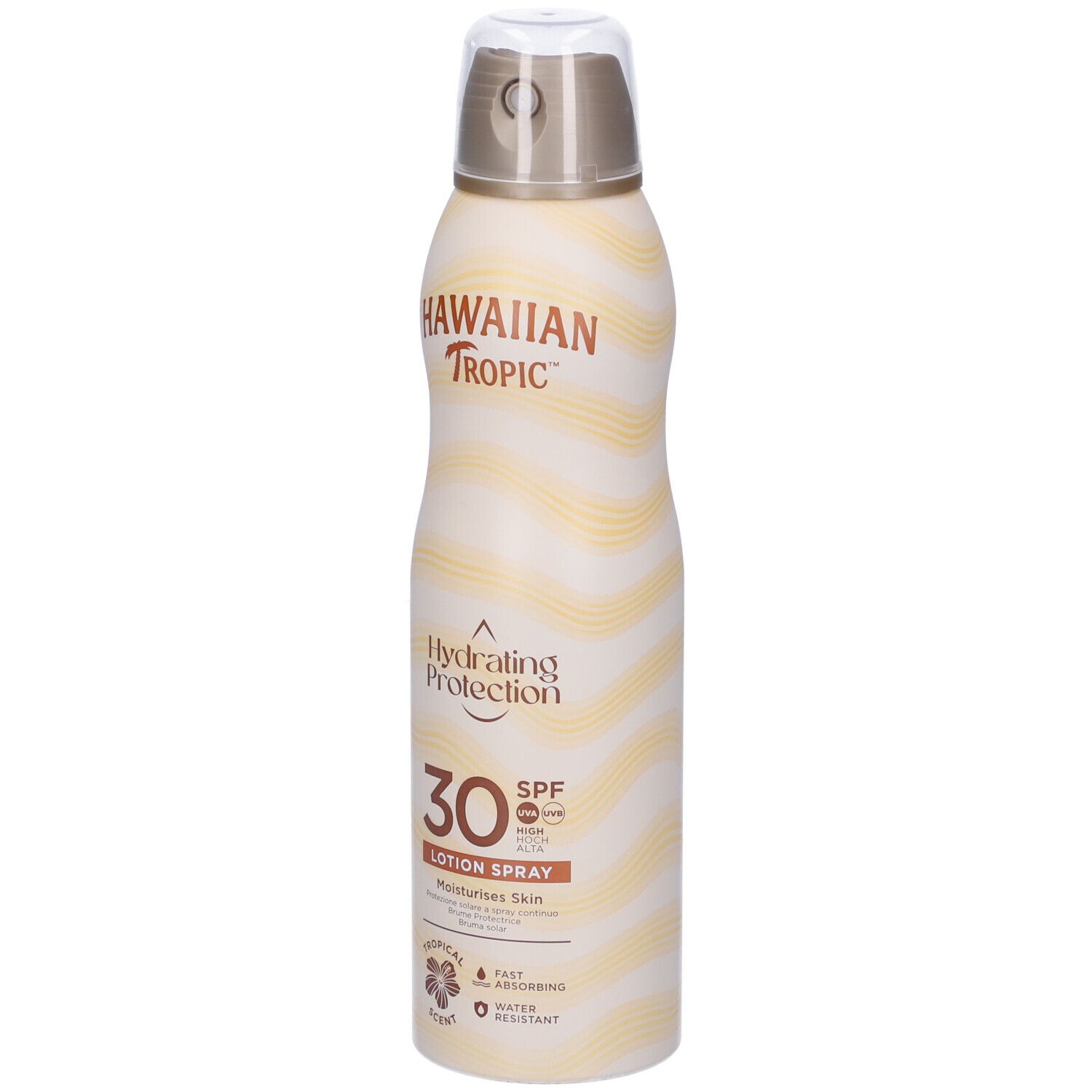Spray solare Hawaiian Tropic. Flacone bianco-giallo con erogatore. Scritta: Hydrating Protection, SPF 30, Lotion Spray.