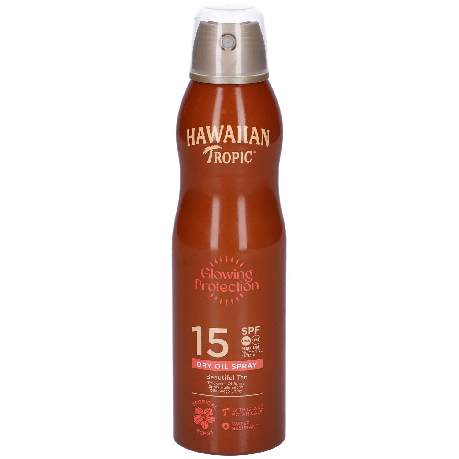 Flacone spray marrone con logo Hawaiian Tropic, Glowing Protection, SPF 15. Spray olio secco. Simbolo floreale.