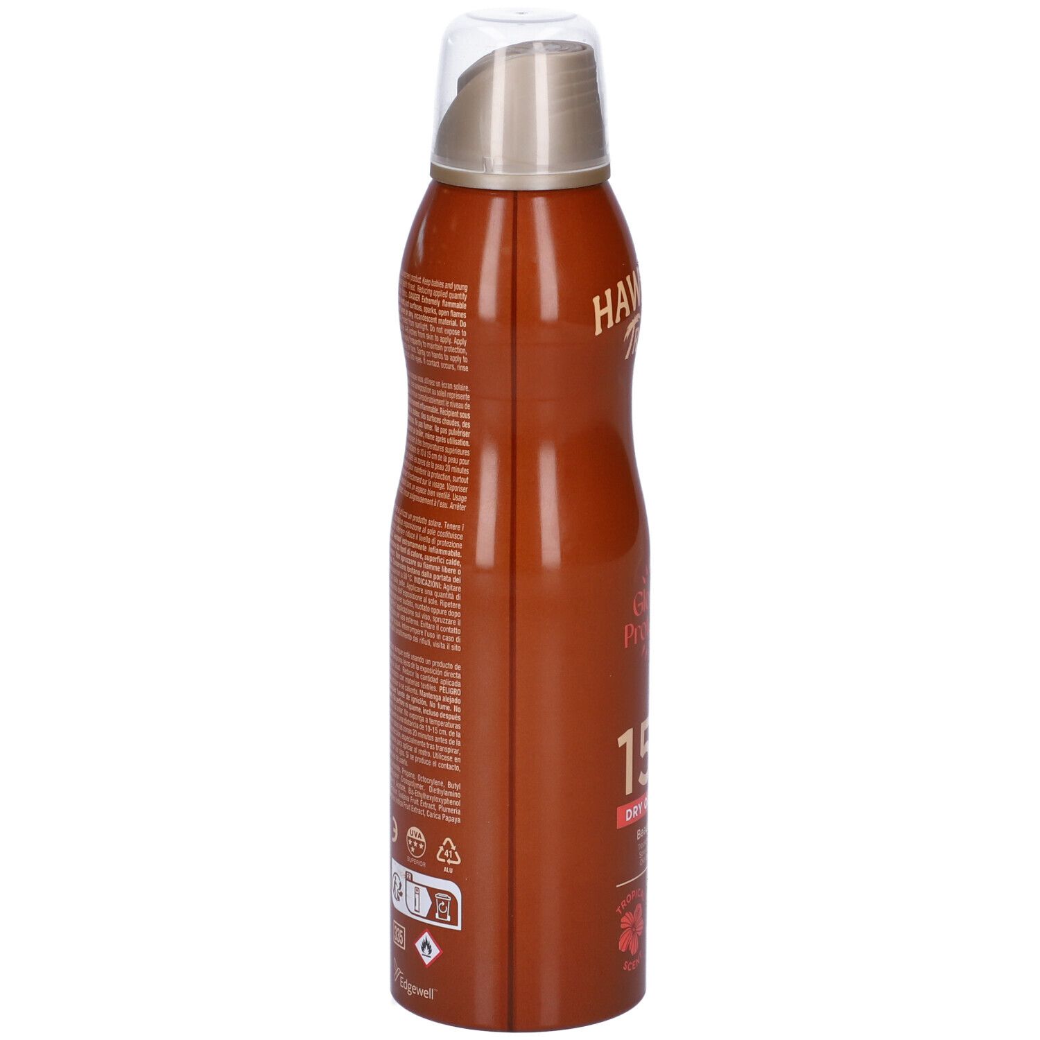 Flacone spray marrone. Testo laterale. Hawaiian Tropic, Glowing Protection, SPF 15. Spray olio secco. Avvertenze.