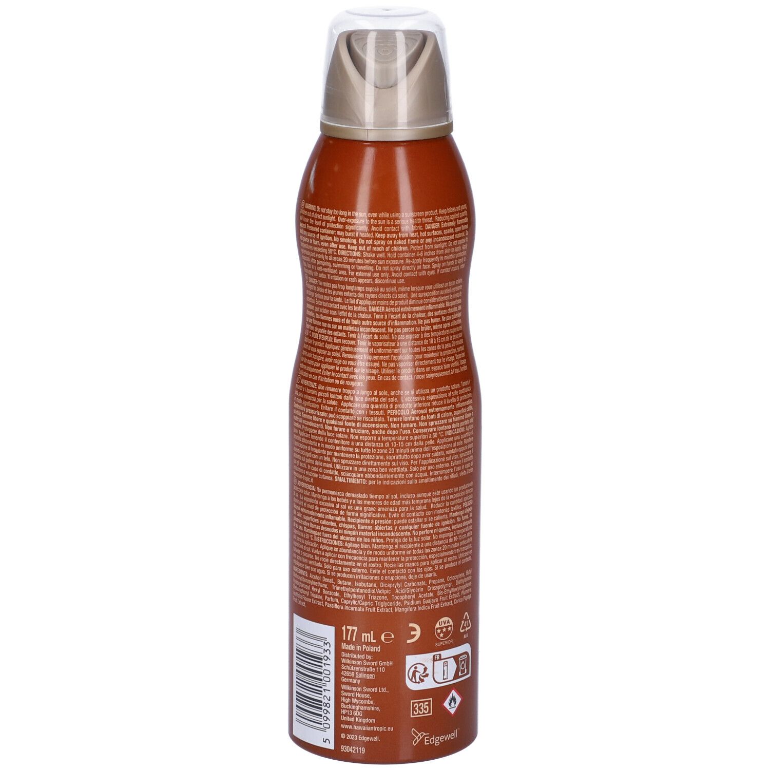 Flacone spray marrone. Testo laterale. Hawaiian Tropic, Glowing Protection, SPF 15. Spray olio secco. Volume 177 ml.