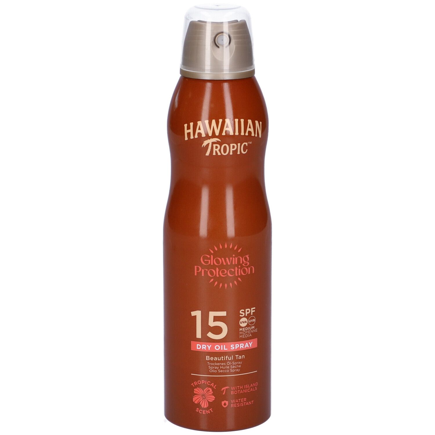 Flacone spray marrone con logo Hawaiian Tropic, Glowing Protection, SPF 15. Spray olio secco. Simbolo floreale.