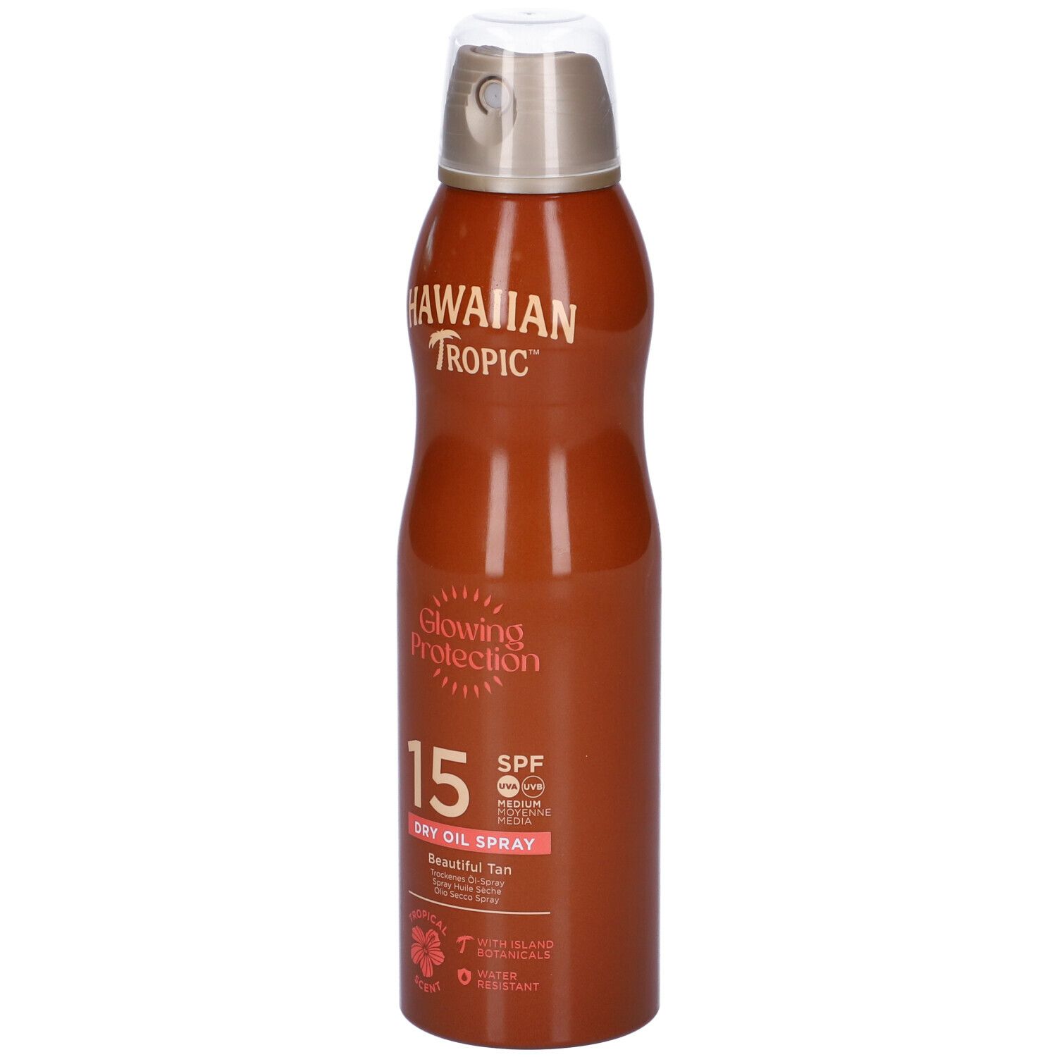 Flacone spray marrone con logo Hawaiian Tropic, Glowing Protection, SPF 15. Spray olio secco. Simbolo floreale.