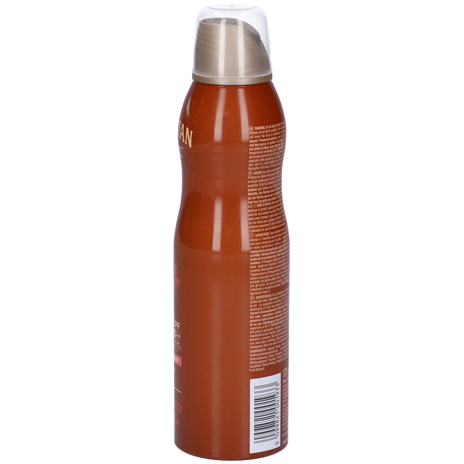 Flacone spray marrone. Testo laterale. Hawaiian Tropic, Glowing Protection, SPF 15. Spray olio secco. Avvertenze.