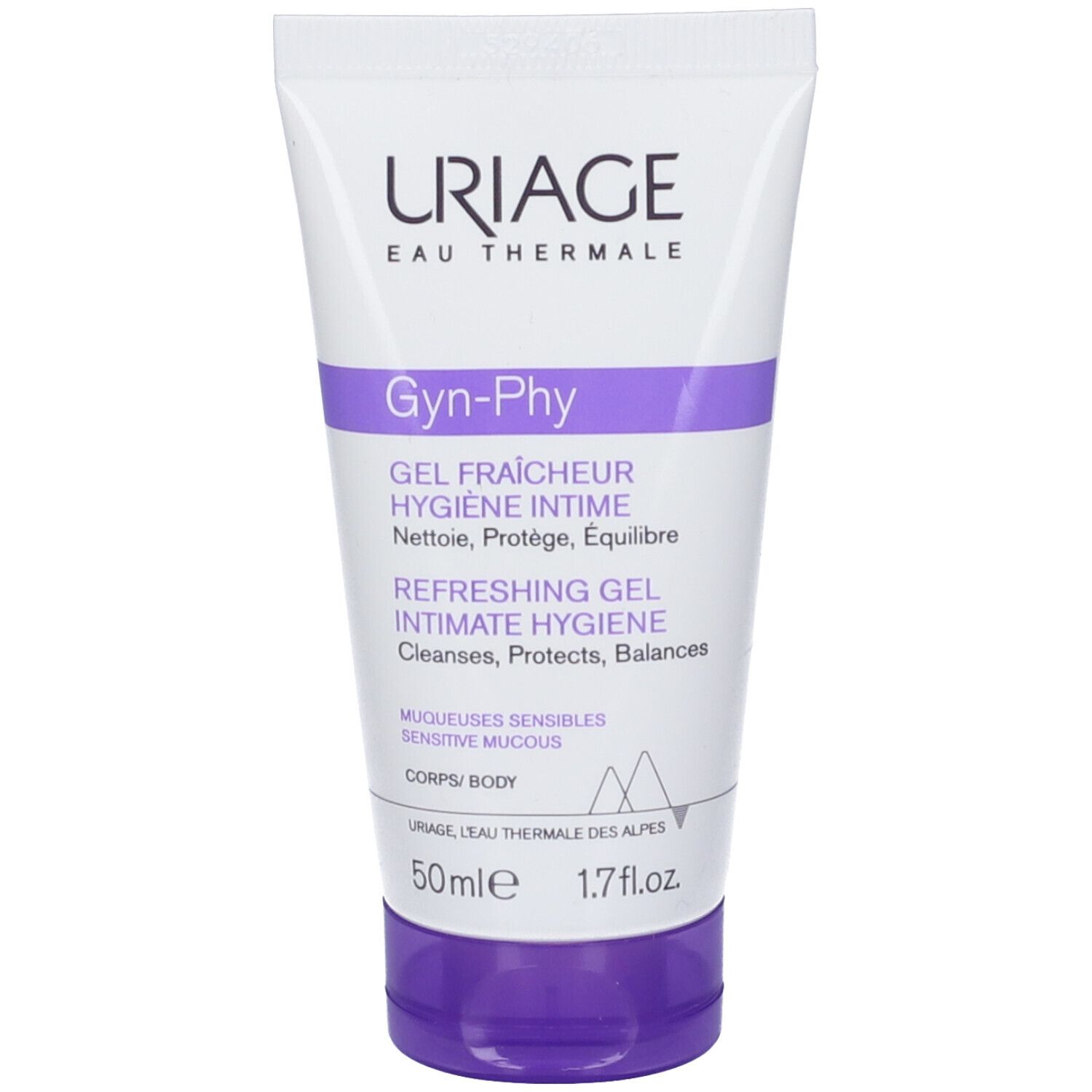 Weiß-lila Tube. Aufschrift: URIAGE, Gyn-Phy, Gel fraîcheur, Hygiene intime. 50ml.