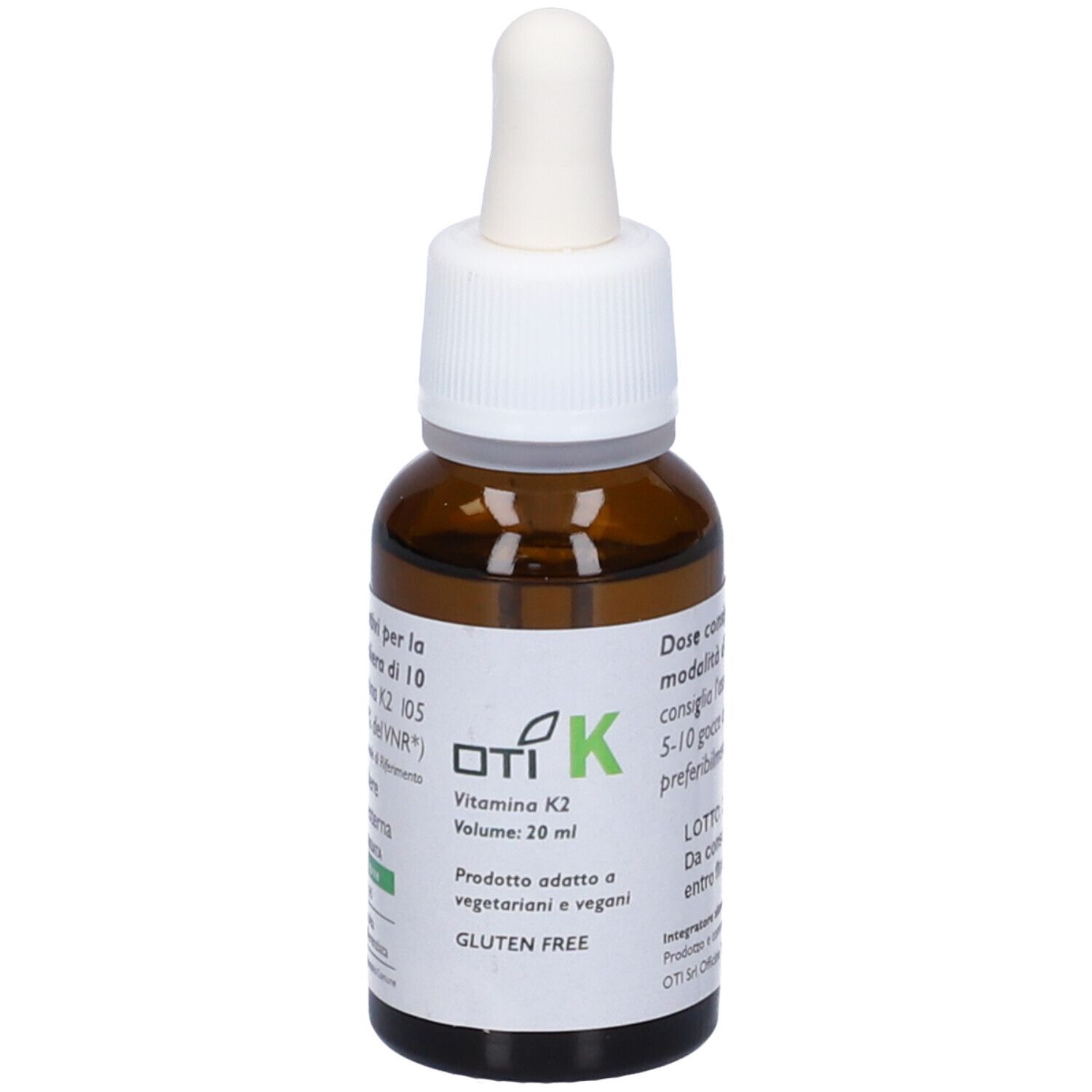 Braune Glasflasche mit weißem Deckel und Pipette. Etikett mit Produktinformationen. OTI K Vitamin K2, glutenfrei.