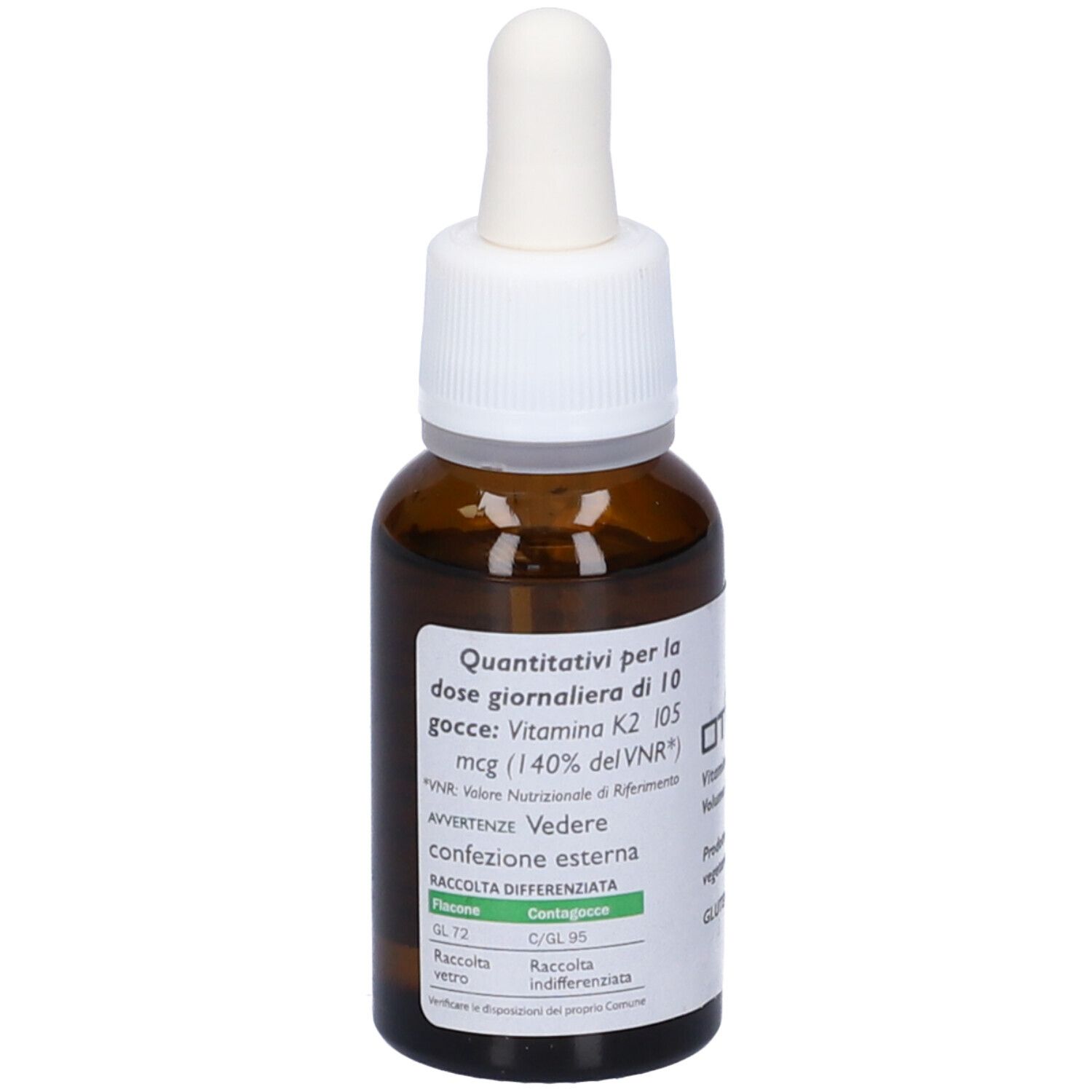 Rückseite der braunen Glasflasche. Etikett mit Produktinformationen. OTI K Vitamin K2, 105 mcg Vitamin K2, glutenfrei.