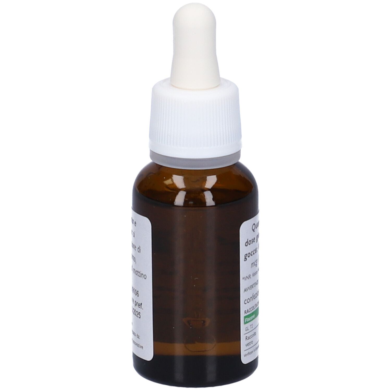 Braune Glasflasche mit weißem Deckel und Pipette. Etikett mit Produktinformationen. OTI K Vitamin K2, glutenfrei.