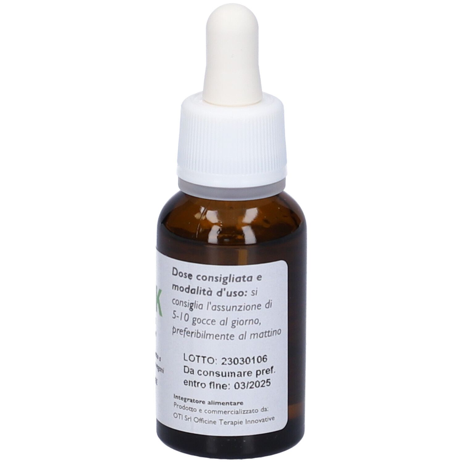 Braune Glasflasche mit weißem Deckel und Pipette. Etikett mit Produktinformationen. OTI K Vitamin K2, glutenfrei.