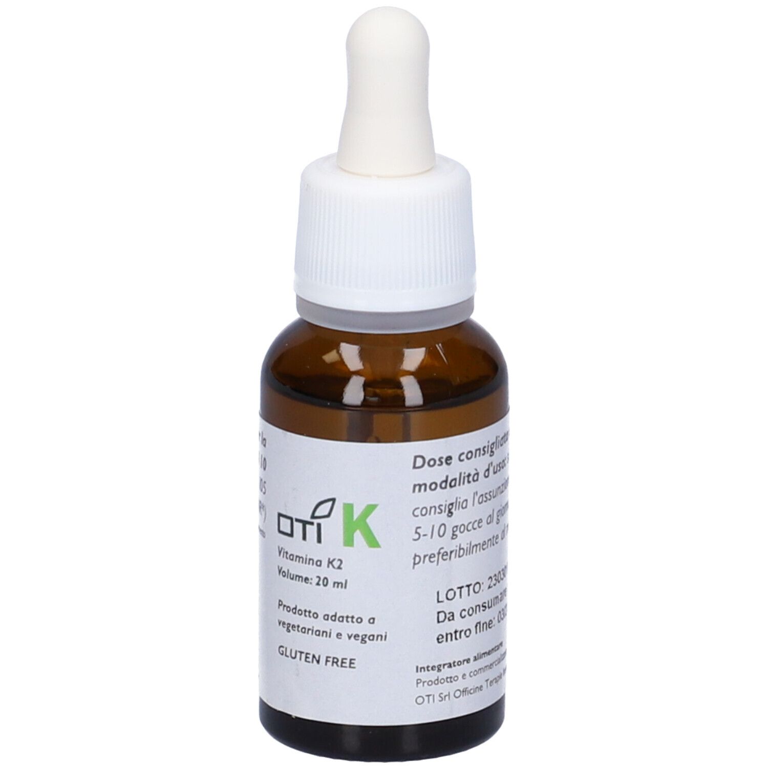 Braune Glasflasche mit weißem Deckel und Pipette. Etikett mit Produktinformationen. OTI K Vitamin K2, glutenfrei.