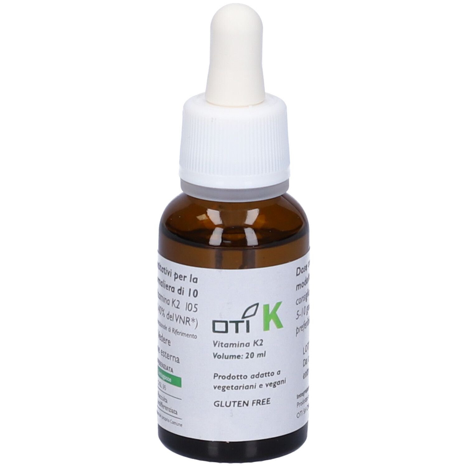 Braune Glasflasche mit weißem Deckel und Pipette. Etikett mit Produktinformationen. OTI K Vitamin K2, glutenfrei.