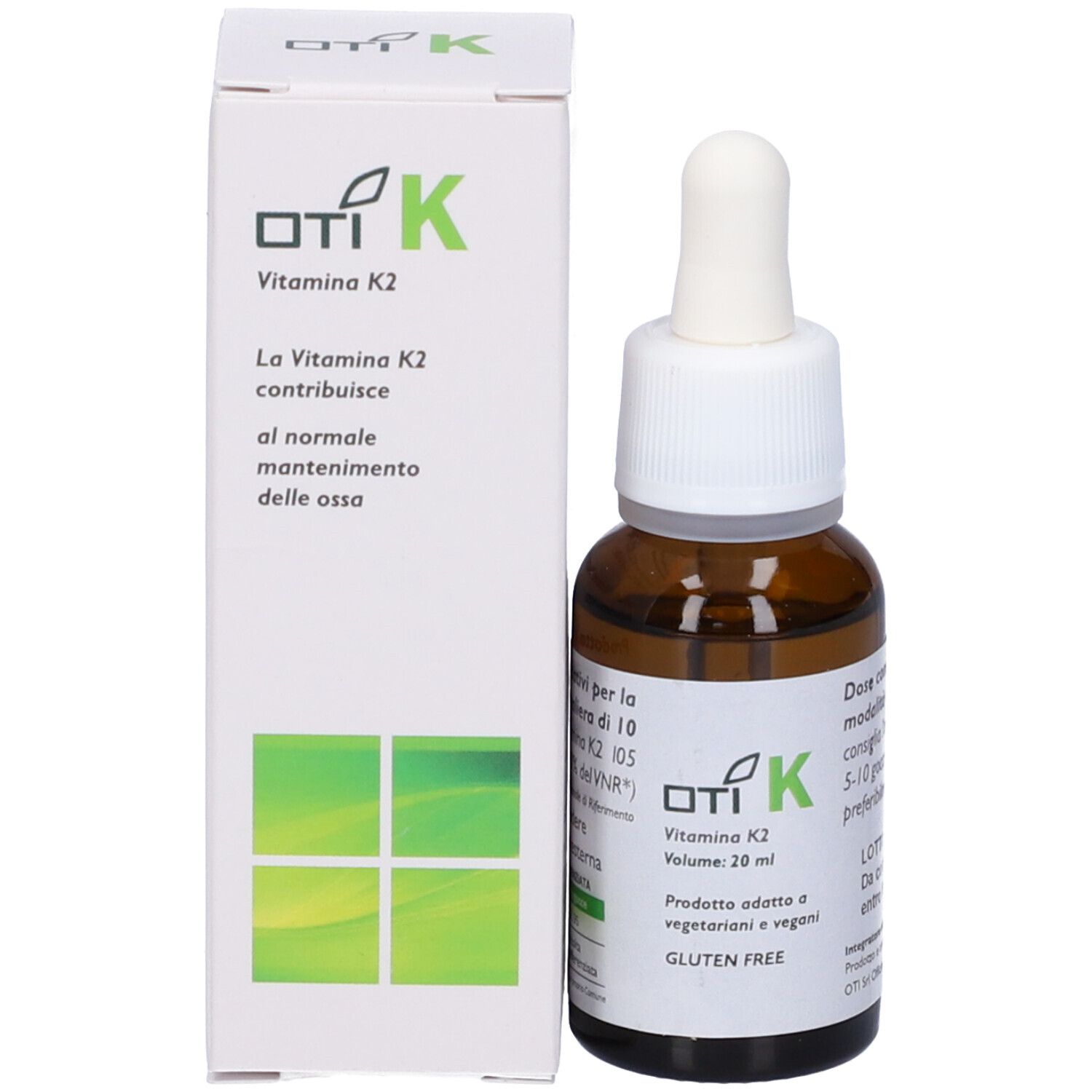 Braune Glasflasche mit weißem Deckel und Pipette, neben weißer Schachtel. OTI K Vitamin K2, glutenfrei.