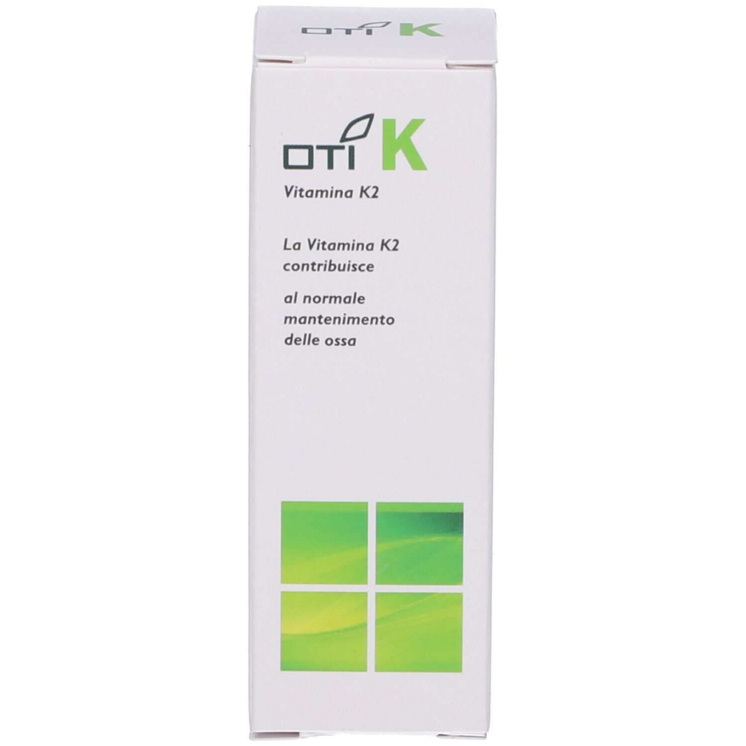 Weiße Schachtel mit Produktinformationen. OTI K Vitamin K2, trägt zur Knochenerhaltung bei.
