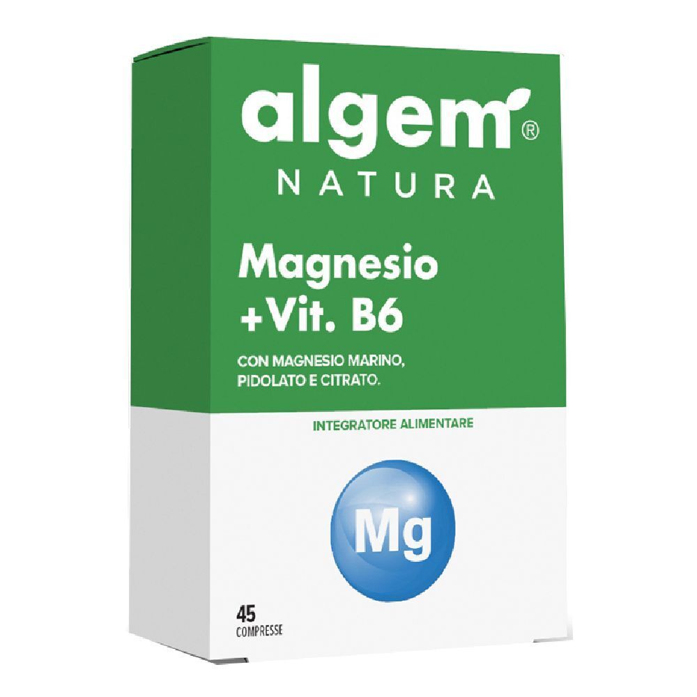 Confezione di compresse "Algem Natura Magnesio + Vit. B6". Scatola verde e bianca con nome e dettagli del prodotto.