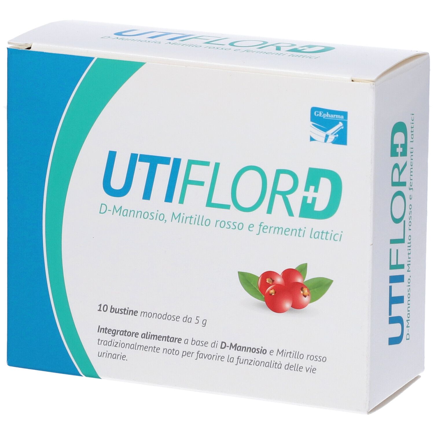 Confezione di Utiflor D. Scritta: D-Mannosio, mirtillo rosso e fermenti lattici. Immagine di mirtilli rossi.