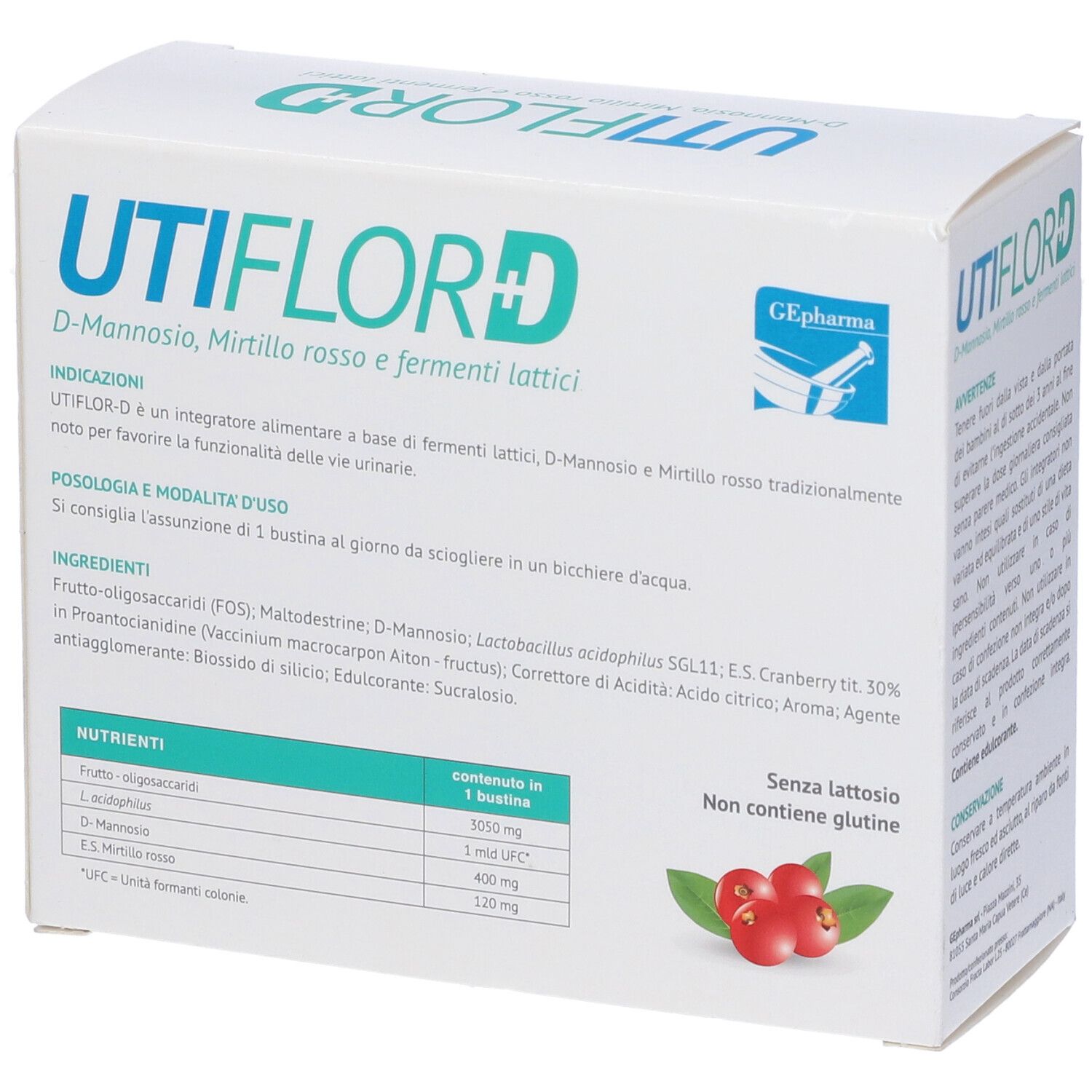 Confezione di Utiflor D. Scritta: D-Mannosio, mirtillo rosso e fermenti lattici. Elenco ingredienti e valori nutrizionali.