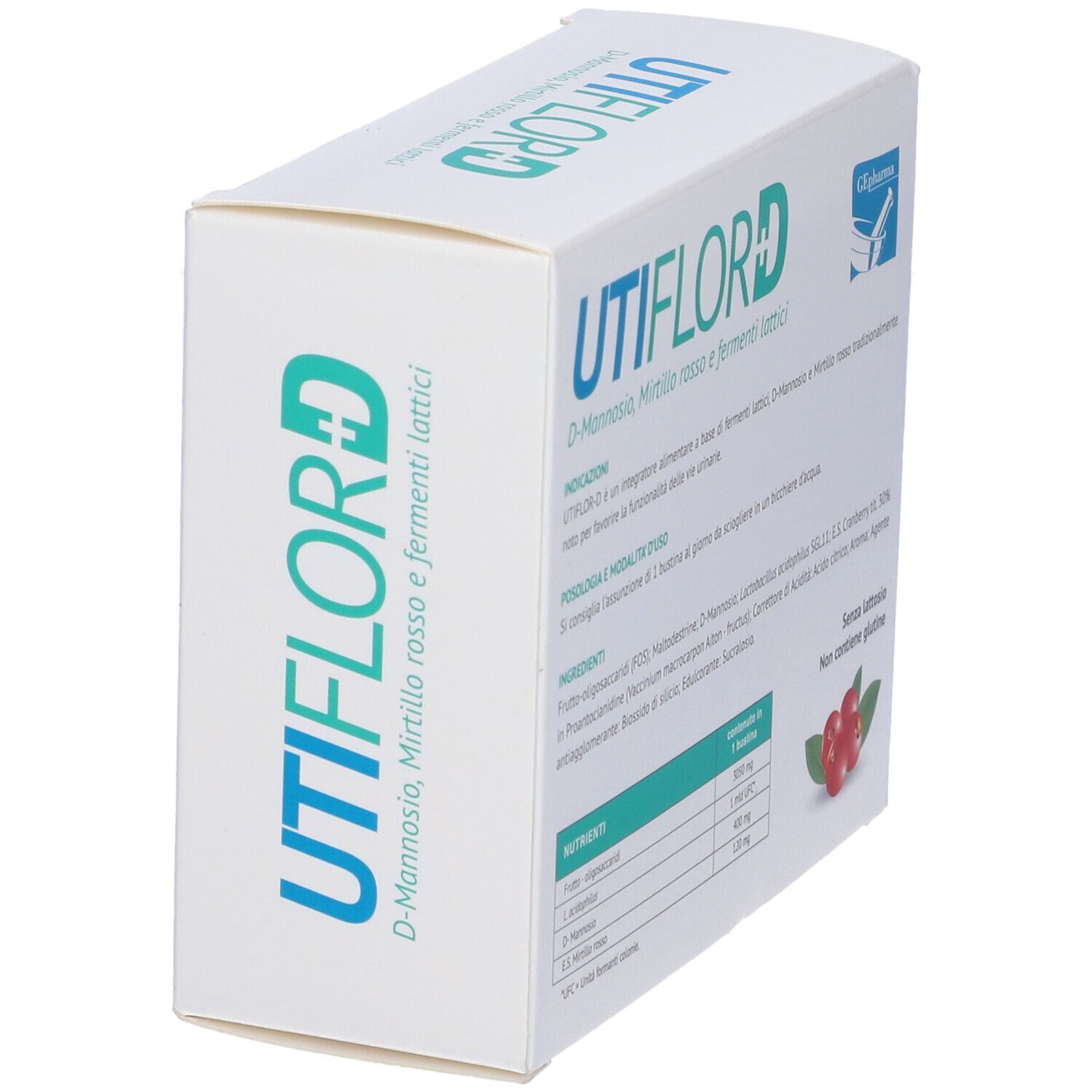 Confezione di Utiflor D. Scritta: D-Mannosio, mirtillo rosso e fermenti lattici. Elenco ingredienti e valori nutrizionali.