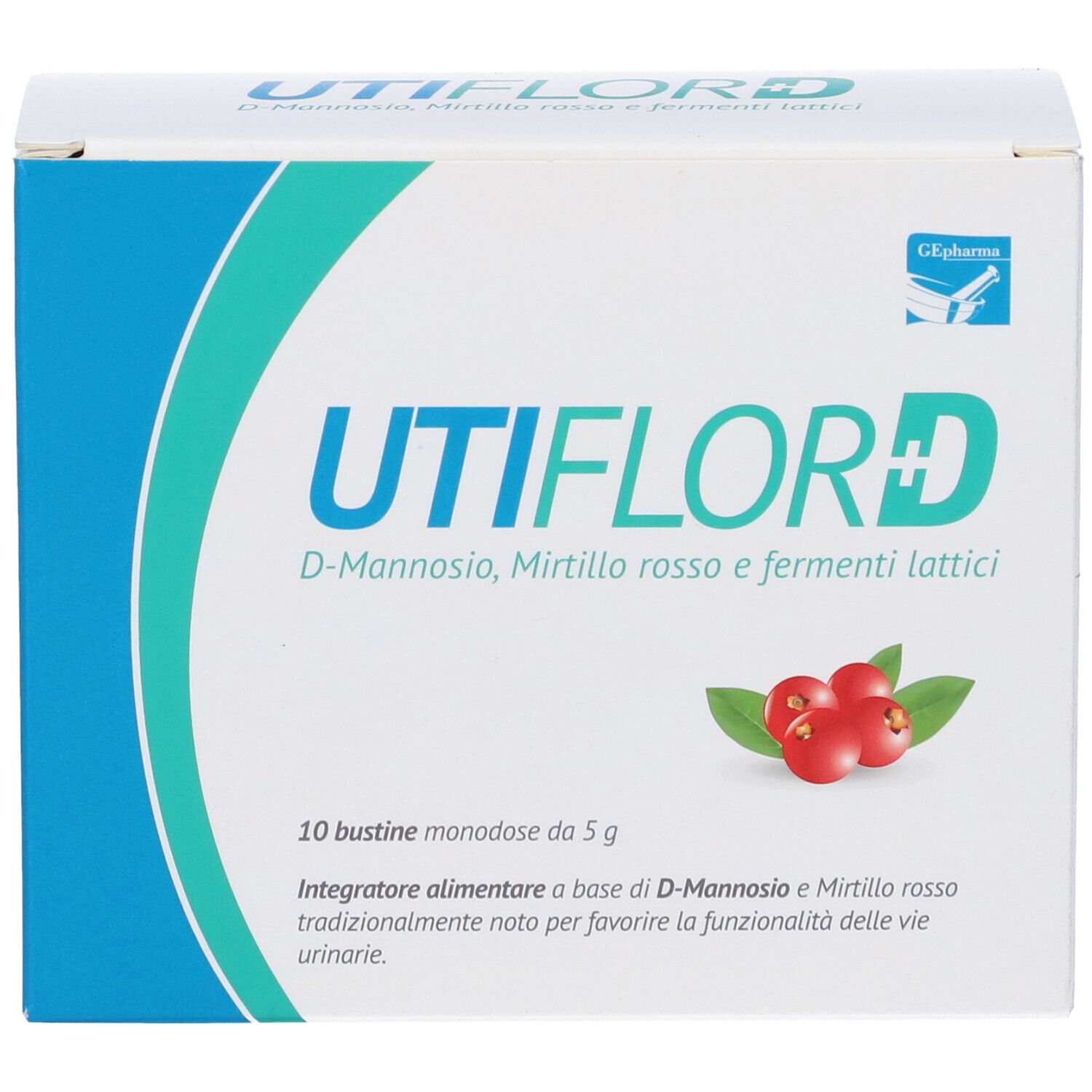 Confezione di Utiflor D. Scritta: D-Mannosio, mirtillo rosso e fermenti lattici. Immagine di mirtilli rossi.
