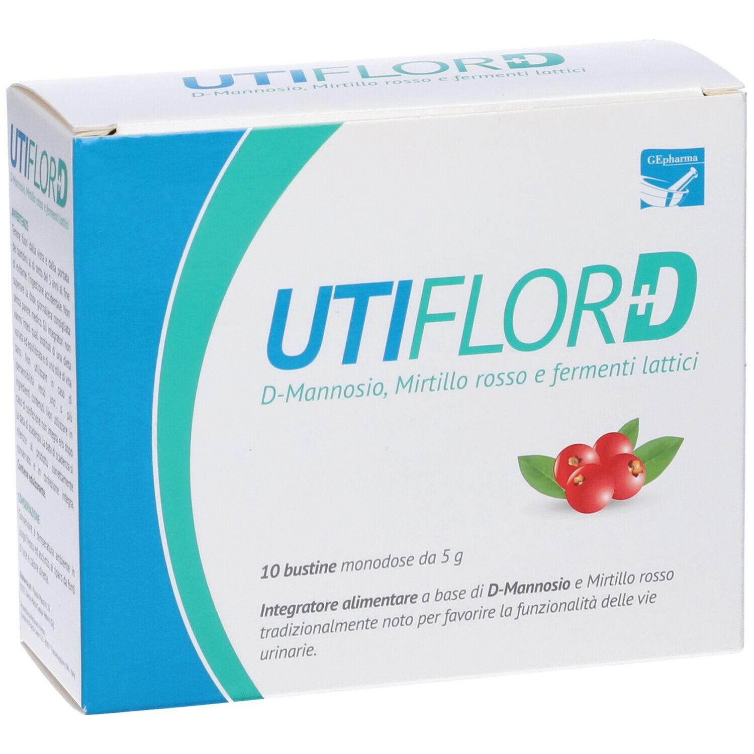 Confezione di Utiflor D. Scritta: D-Mannosio, mirtillo rosso e fermenti lattici. Immagine di mirtilli rossi.