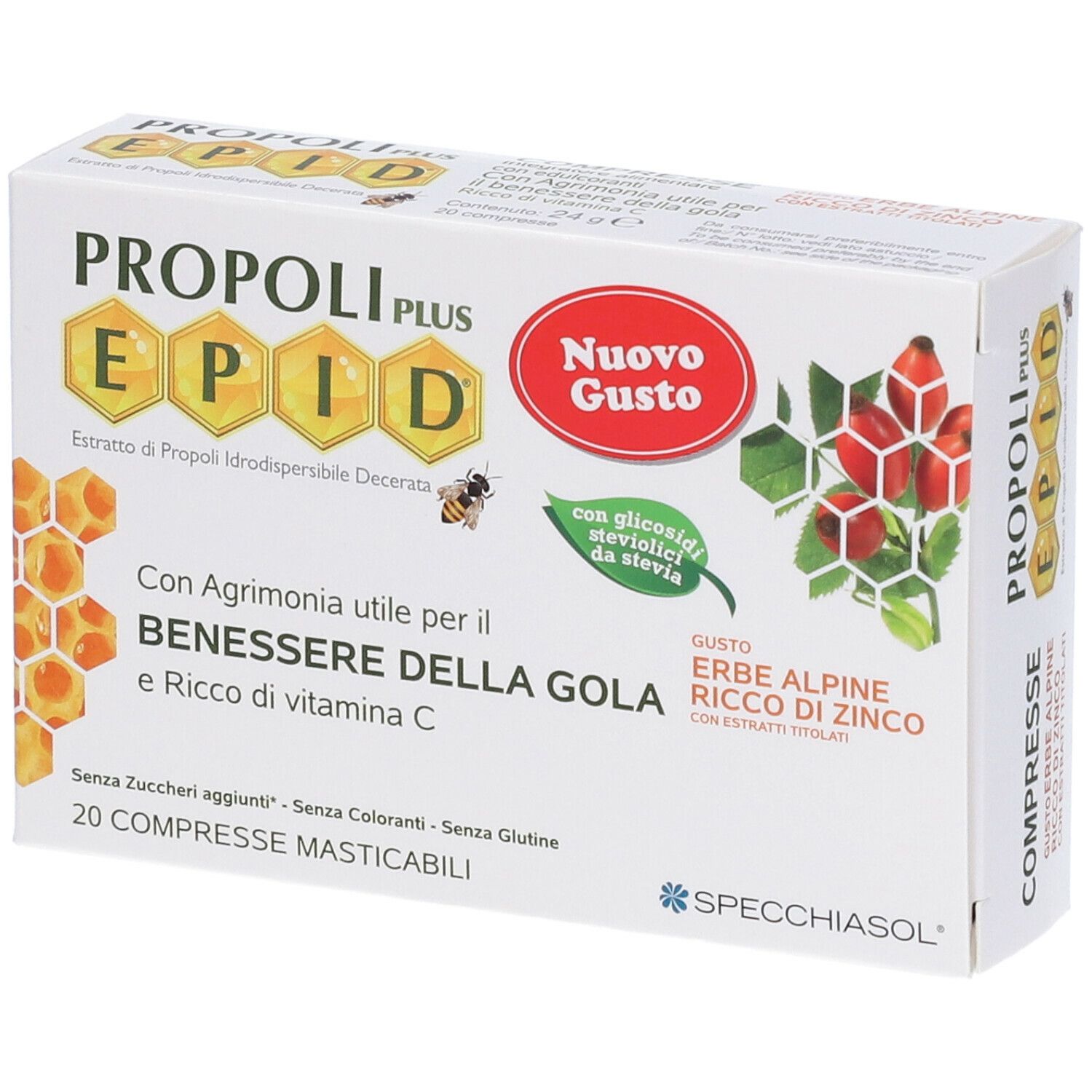 Scatola di Propoli Plus EPID, 20 compresse. Contiene testo e logo Specchiasol.