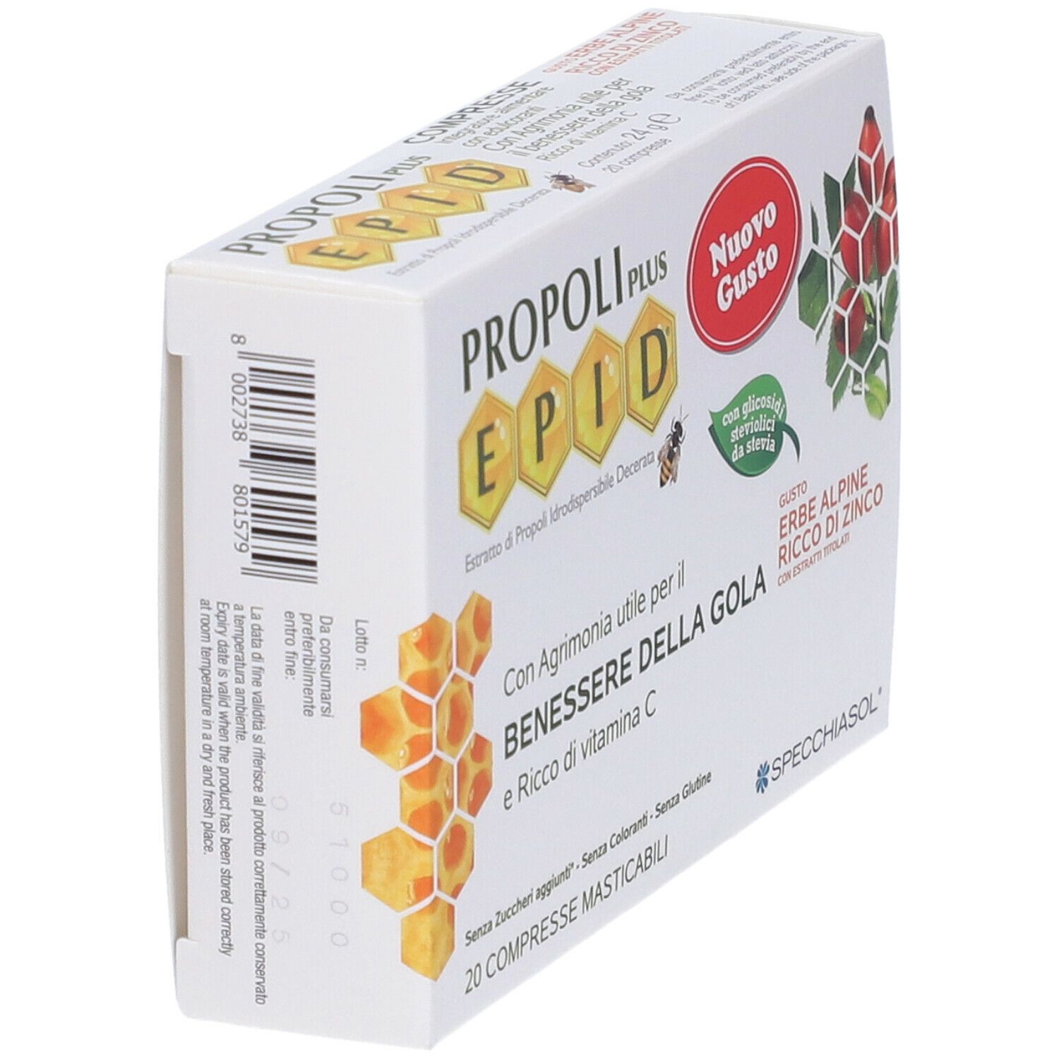 Confezione angolata di Propoli Plus EPID, 20 compresse. Logo Specchiasol.