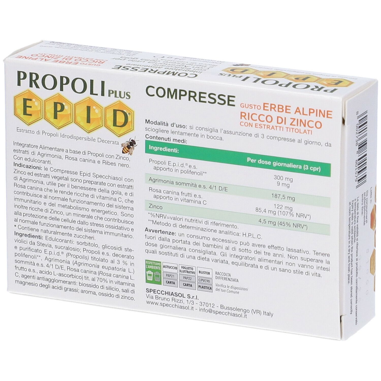 Retro della confezione Propoli Plus EPID. Contiene ingredienti, valori nutrizionali, logo Specchiasol.
