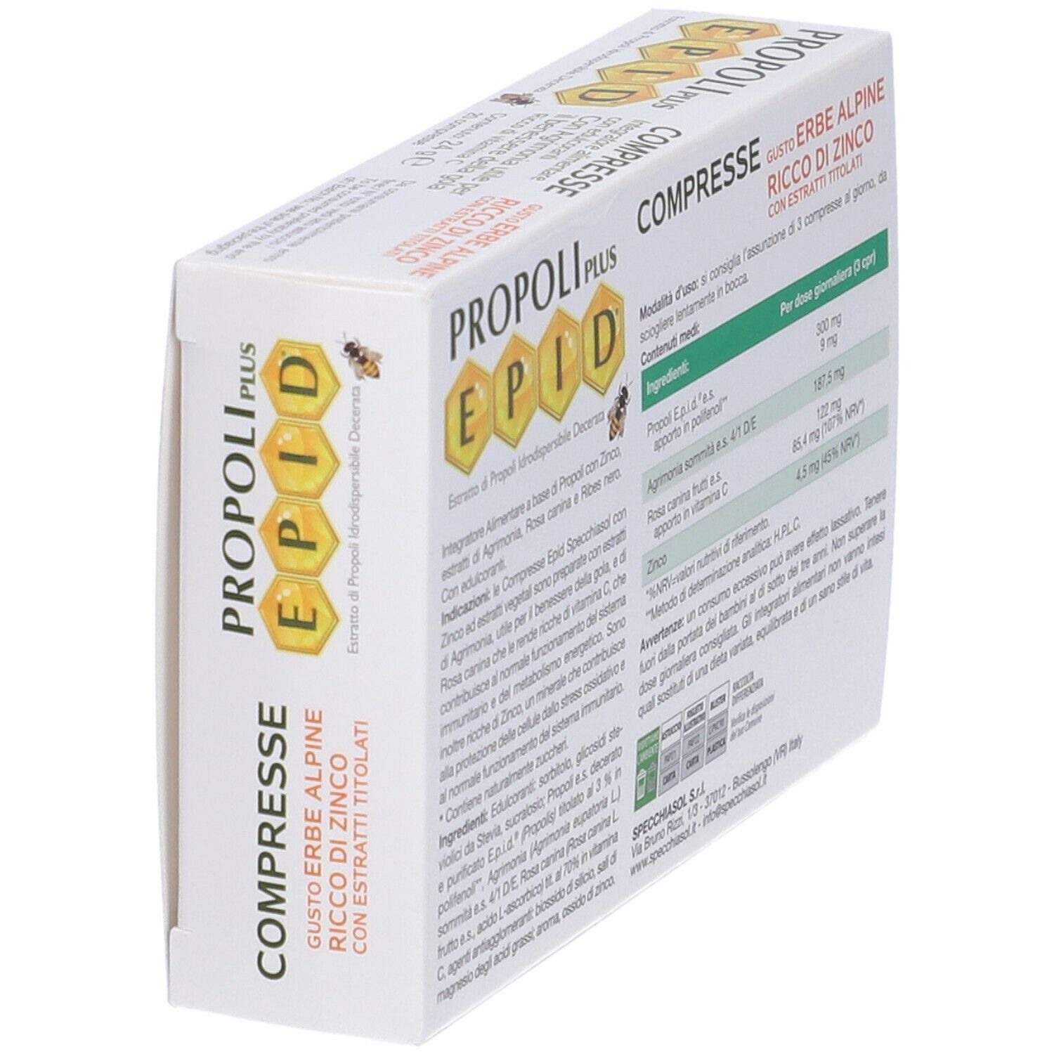 Confezione angolata Propoli Plus EPID. Contiene ingredienti, logo Specchiasol.