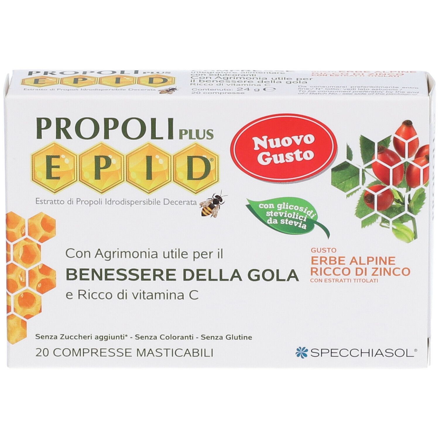 Confezione di Propoli Plus EPID, 20 compresse. Logo Specchiasol.