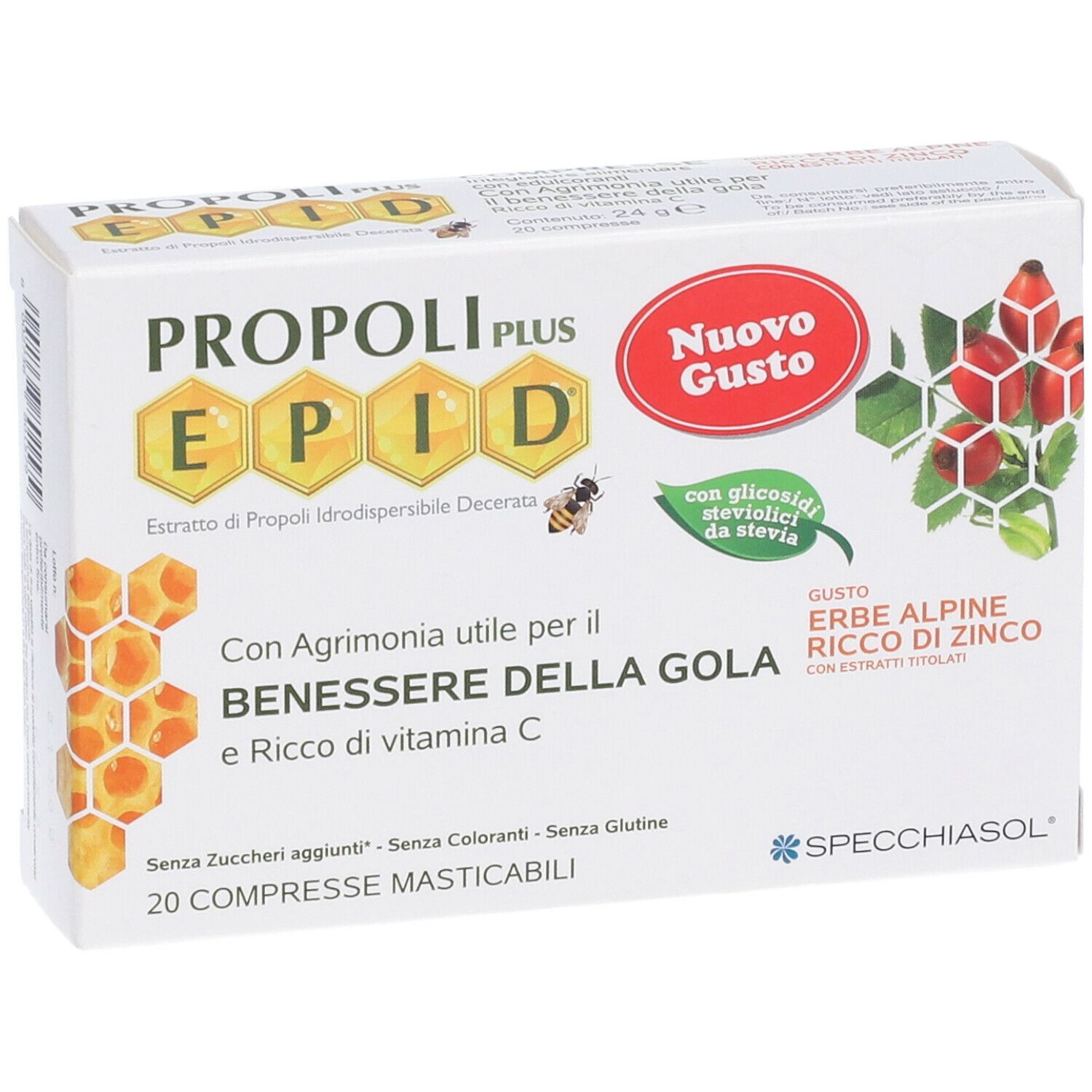 Confezione di Propoli Plus EPID, 20 compresse. Logo Specchiasol.