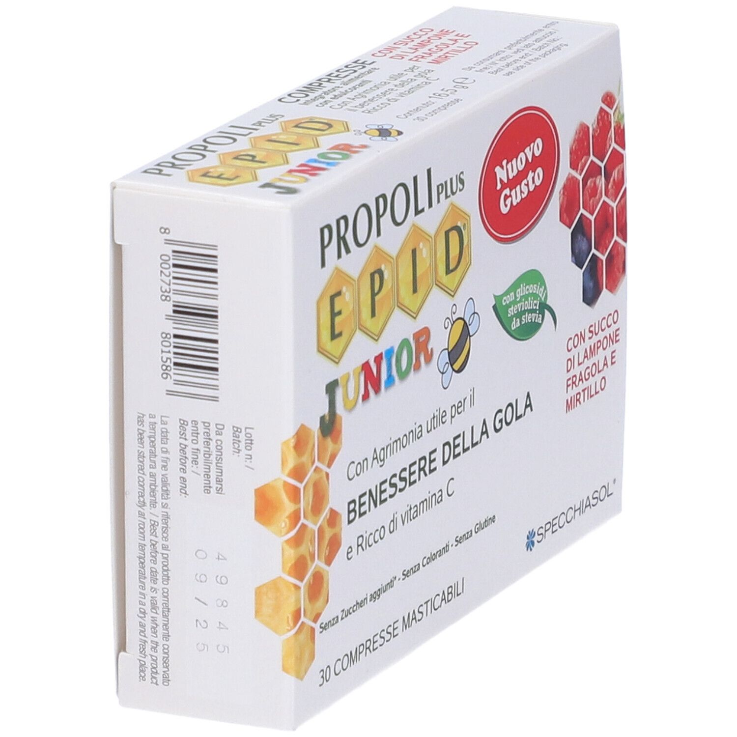 Schräg gestellte weiße Schachtel. Produktname: 'PROPOLI PLUS EPID JUNIOR'. Aufdruck mit Barcode und Produktinformationen auf der Seite.