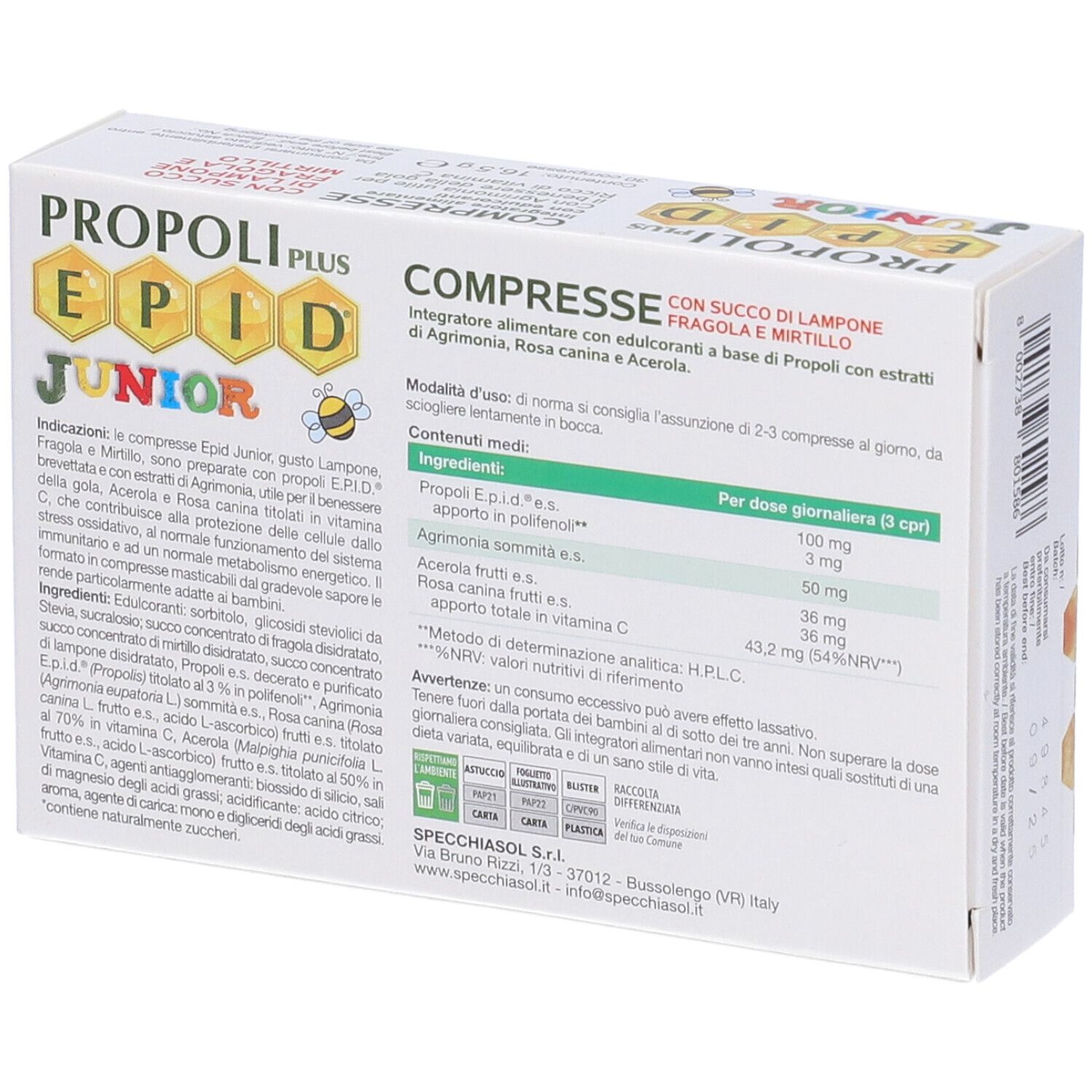 Rückseite einer weißen Schachtel. Produktname: 'PROPOLI PLUS EPID JUNIOR'. Text mit Inhaltsstoffen und Nährwertangaben.