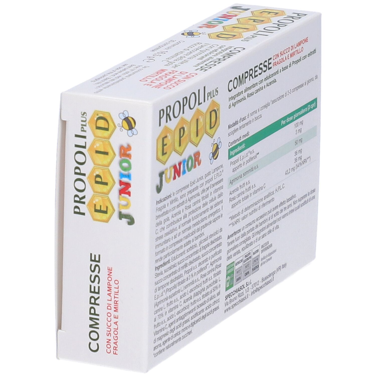 Schräg gestellte weiße Schachtel. Produktname: 'PROPOLI PLUS EPID JUNIOR'. Text mit Inhaltsstoffen und Nährwertangaben.