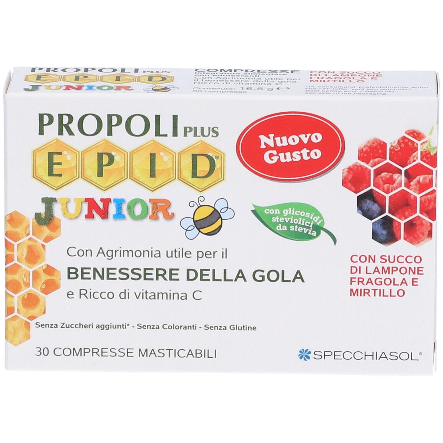 Weiße Schachtel mit Produktnamen und Illustrationen. Text: 'PROPOLI PLUS EPID JUNIOR'. Abbildungen von Himbeeren, Blaubeeren und Bienenwabe.