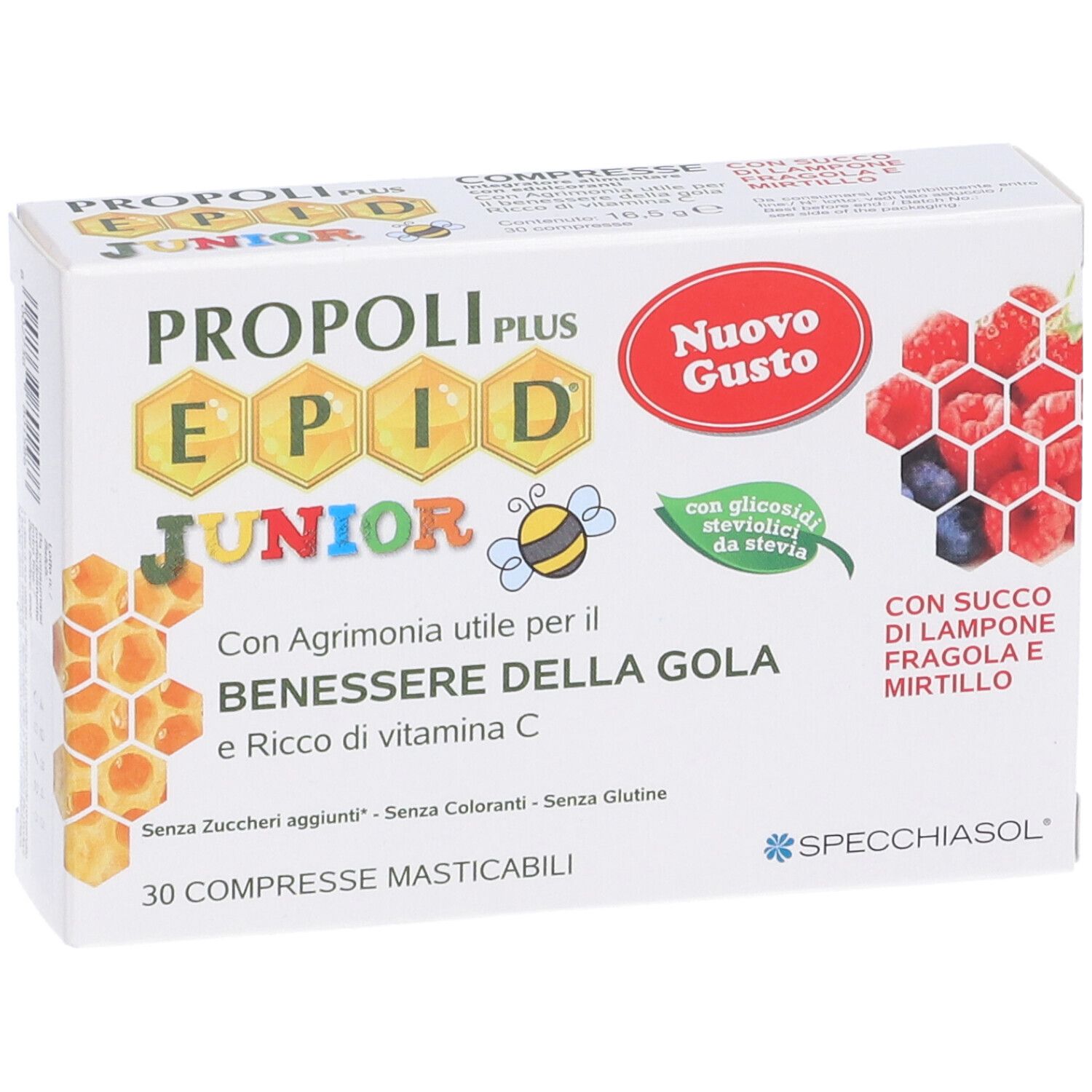 Weiße Schachtel mit Produktnamen und Illustrationen. Text: 'PROPOLI PLUS EPID JUNIOR'. Abbildungen von Himbeeren, Blaubeeren und Bienenwabe.