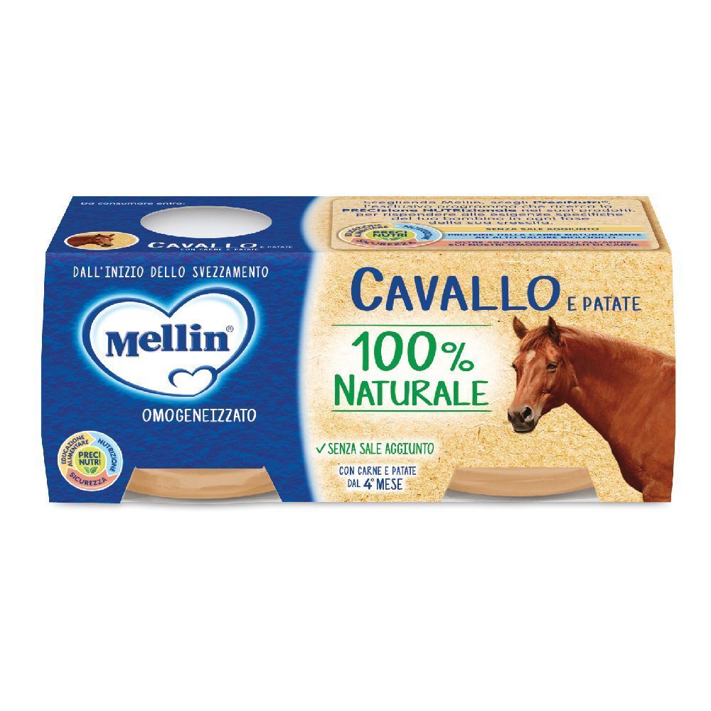 Packung mit vier Gläsern Mellin Omogeneizzato Cavallo. Aufschrift Cavallo e Patate, 100% naturale. Ab dem 4. Monat.